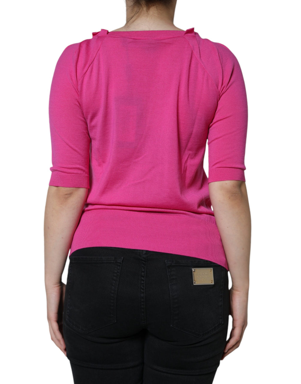 Chemise Dolce & Gabbana en laine rose à boutons, manches courtes, vue de face.