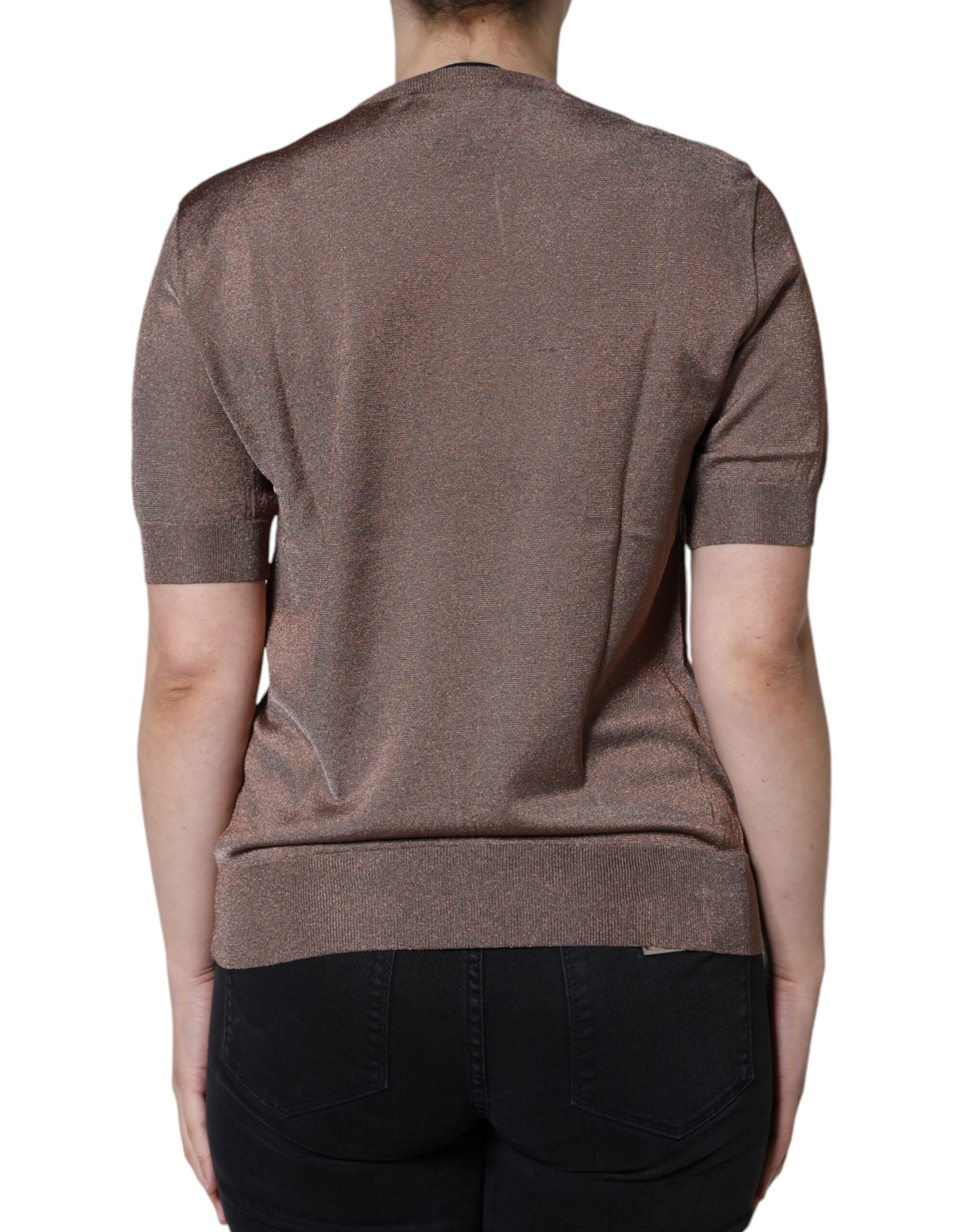 Haut court à manches courtes Dolce & Gabbana en viscose marron avec appliqué floral, style élégant et tendance.