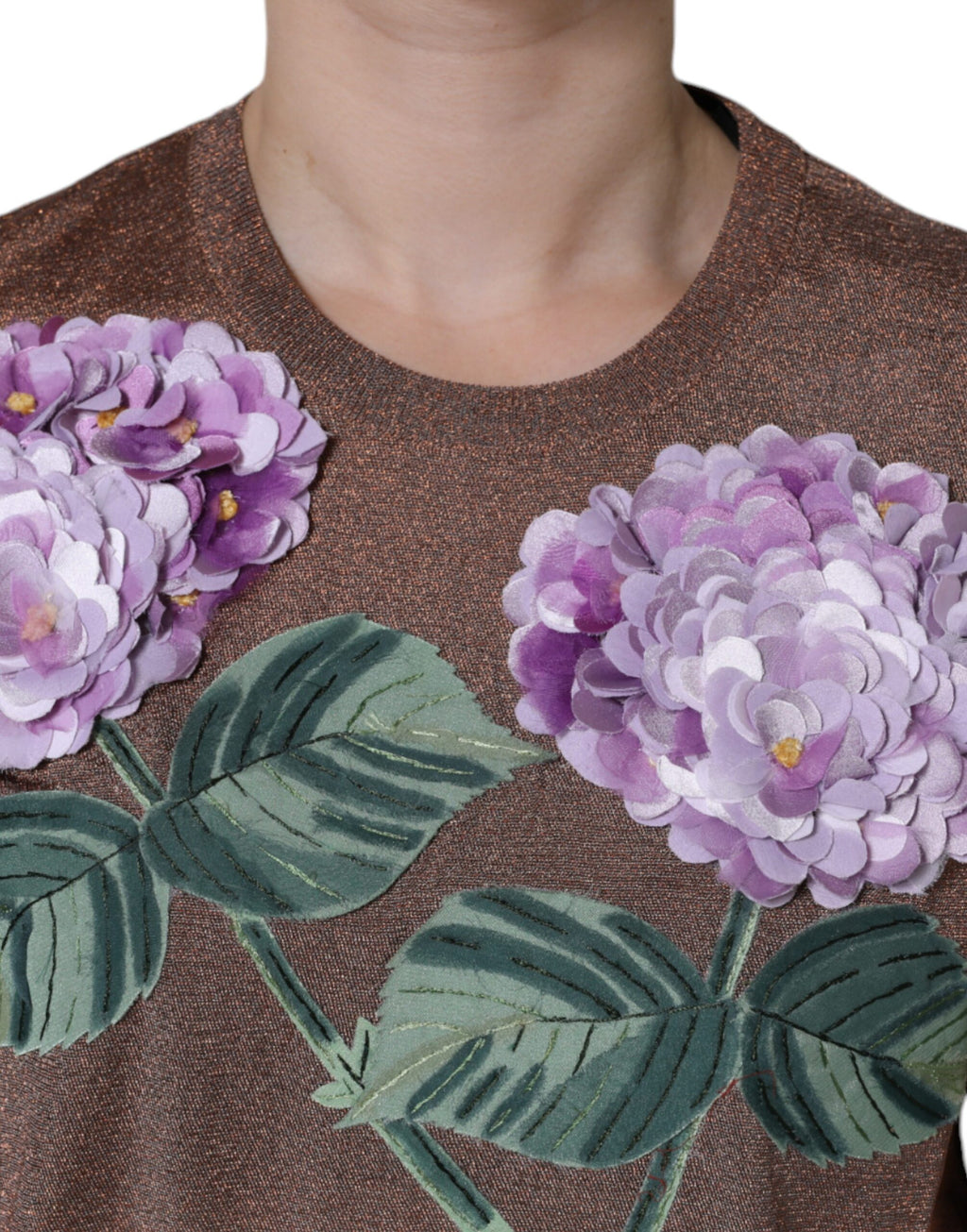 T-shirt à manches courtes en viscose marron avec appliqué floral Dolce & Gabbana, style élégant et féminin.