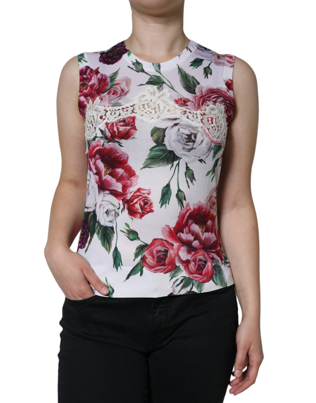 Débardeur sans manches en soie blanche à broderie florale en dentelle, Dolce & Gabbana, haut élégant pour femme.