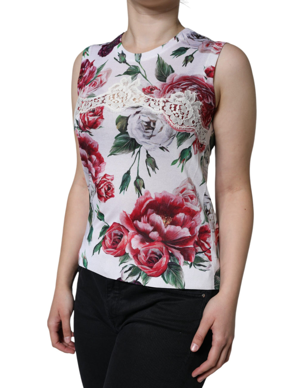 Débardeur en soie blanc à fleurs en dentelle Dolce & Gabbana, sans manches, détails élégants et texture fine visible.
