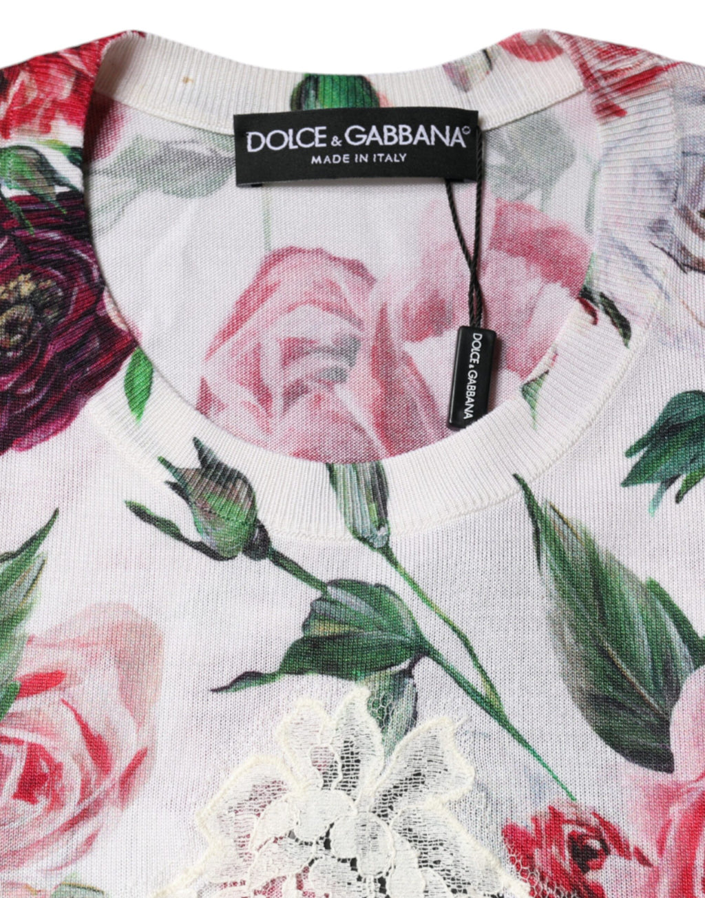 Débardeur sans manches en soie blanche avec dentelle florale Dolce & Gabbana, élégant et léger, pour un look chic et féminin.
