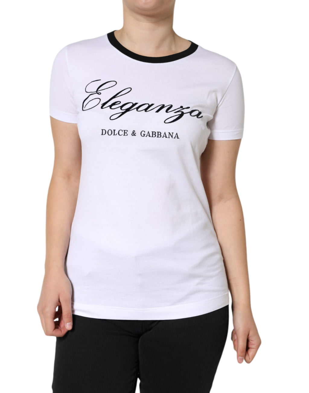 T-shirt blanc Dolce & Gabbana Eleganza Print en coton à manches courtes, vue de face avec motif élégant.