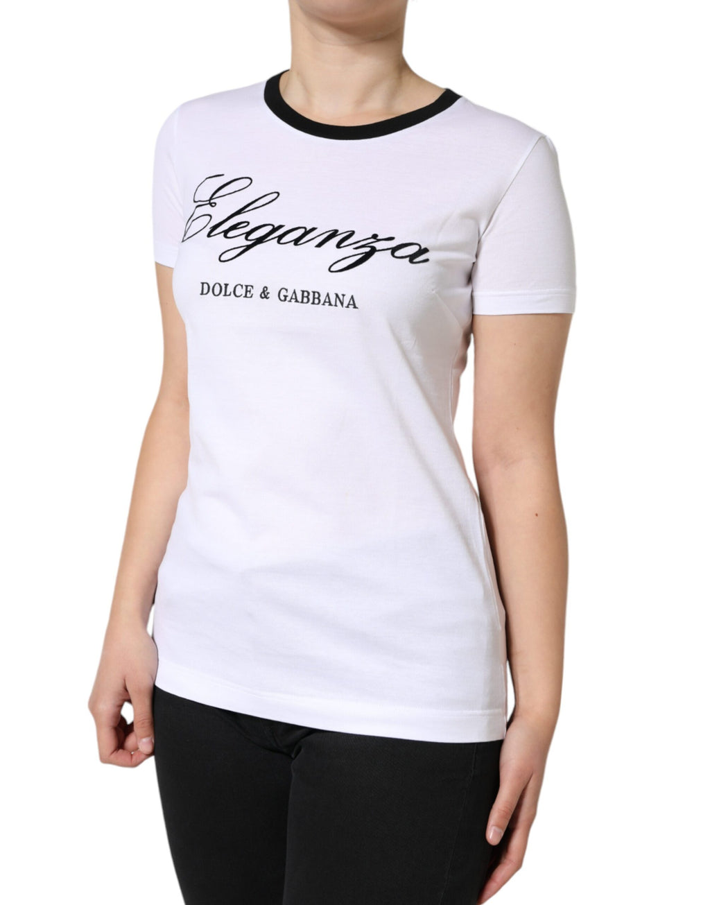 T-shirt blanc Dolce & Gabbana Eleganza Print en coton à manches courtes, motif élégant visible sur le produit.