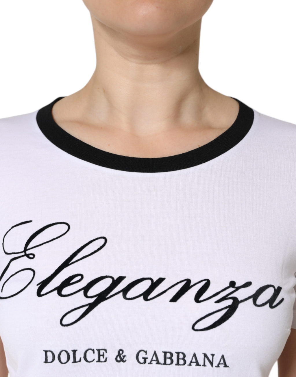 T-shirt blanc Dolce & Gabbana Eleganza en coton à manches courtes avec imprimé élégant, vue de face.
