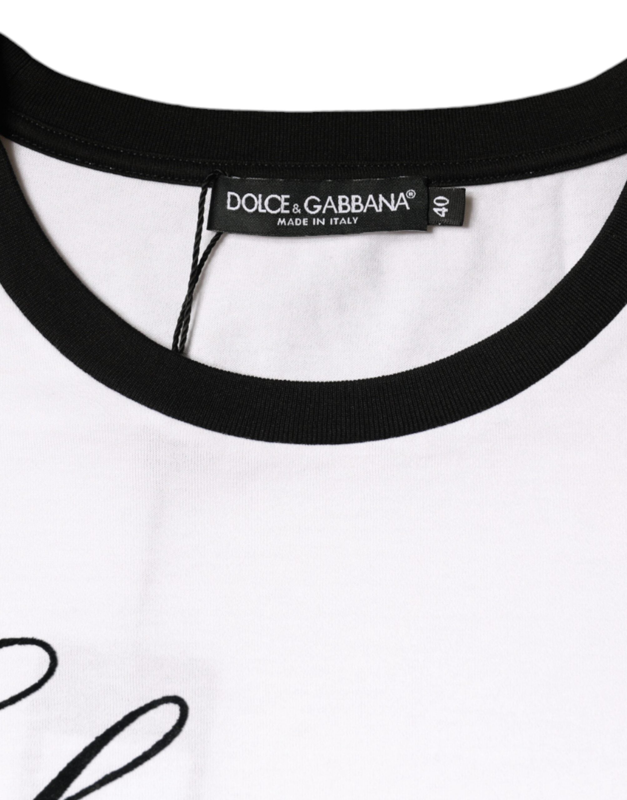 T-shirt blanc Dolce & Gabbana Eleganza Print en coton à manches courtes, motif élégant visible sur le devant.