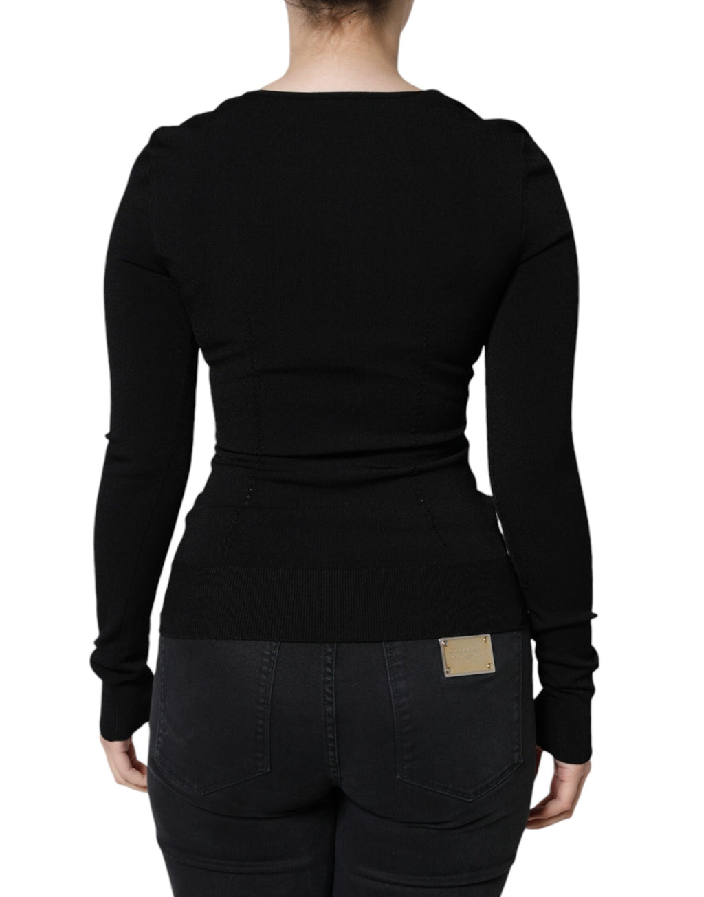 Blouse noire à manches longues Dolce & Gabbana avec col carré, vue de face sur fond blanc.