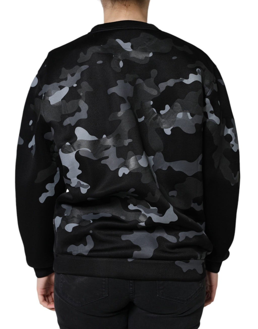 Sweat-shirt Dolce & Gabbana noir avec motif camouflage rond, manches longues et col rond, style décontracté.