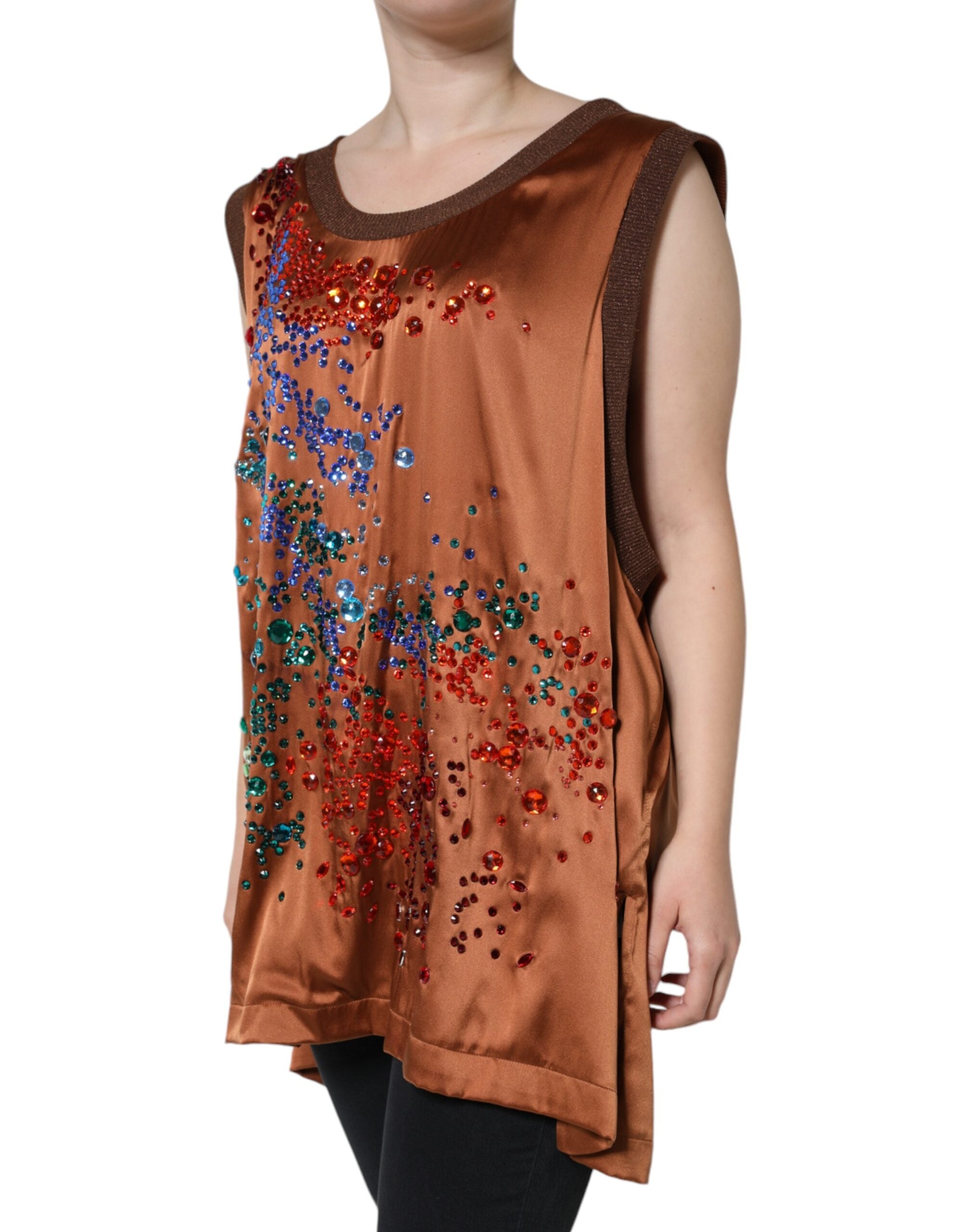 Débardeur sans manches Dolce & Gabbana brun avec embellissements en cristaux, mode élégante et sophistiquée.
