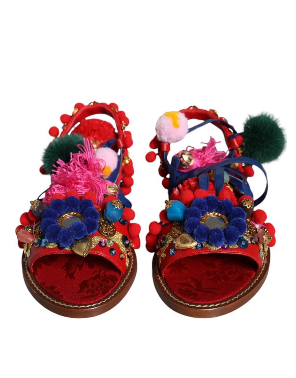 Sandales Dolce & Gabbana en fourrure multicolore avec pompons, modèle wrap, chaussures élégantes pour femmes.