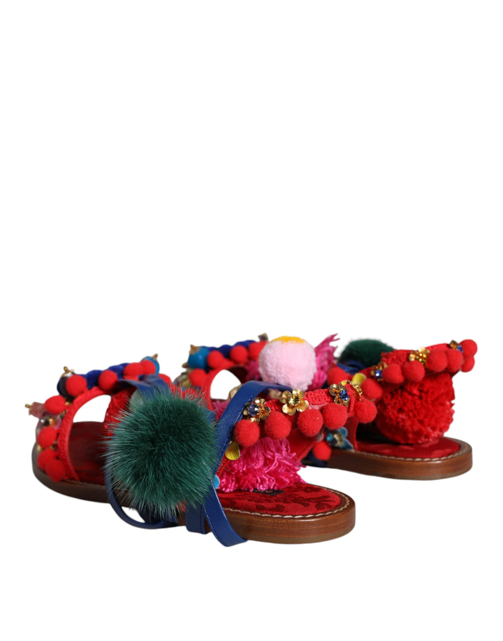 Sandales Dolce & Gabbana multicolores avec pompons en fourrure, chaussures élégantes et colorées pour femmes.