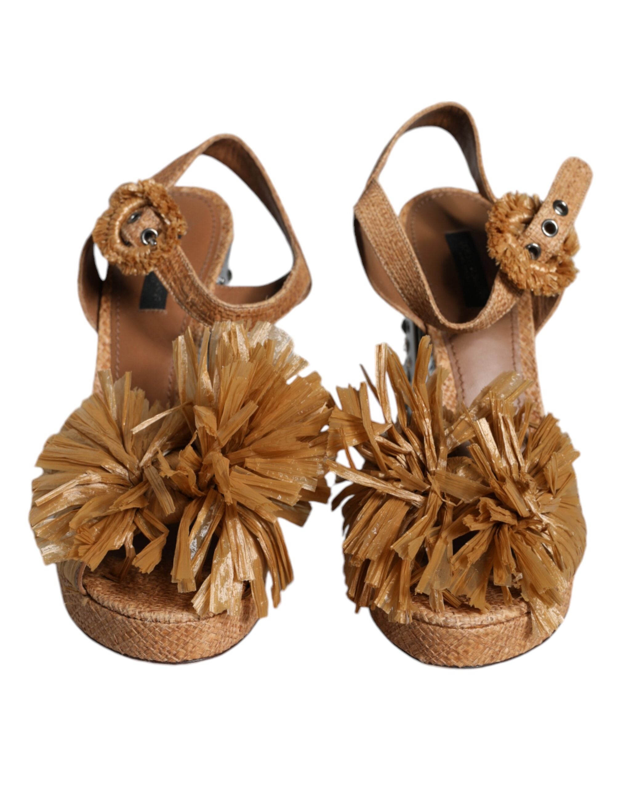 Sandales à talons en raphia brun Dolce & Gabbana avec bride à la cheville et cristaux, chaussures élégantes pour femmes.
