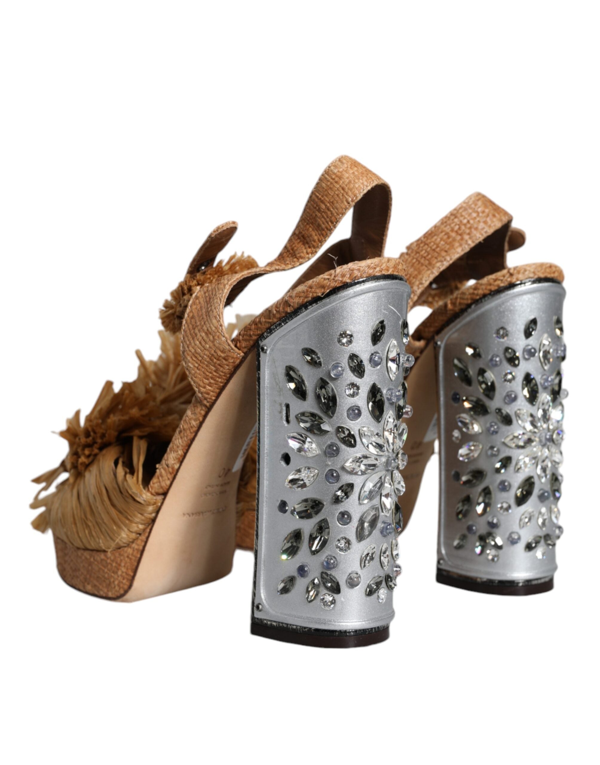 Sandales à talon en raphia marron Dolce & Gabbana avec bride à la cheville et cristaux, chaussures élégantes et raffinées.