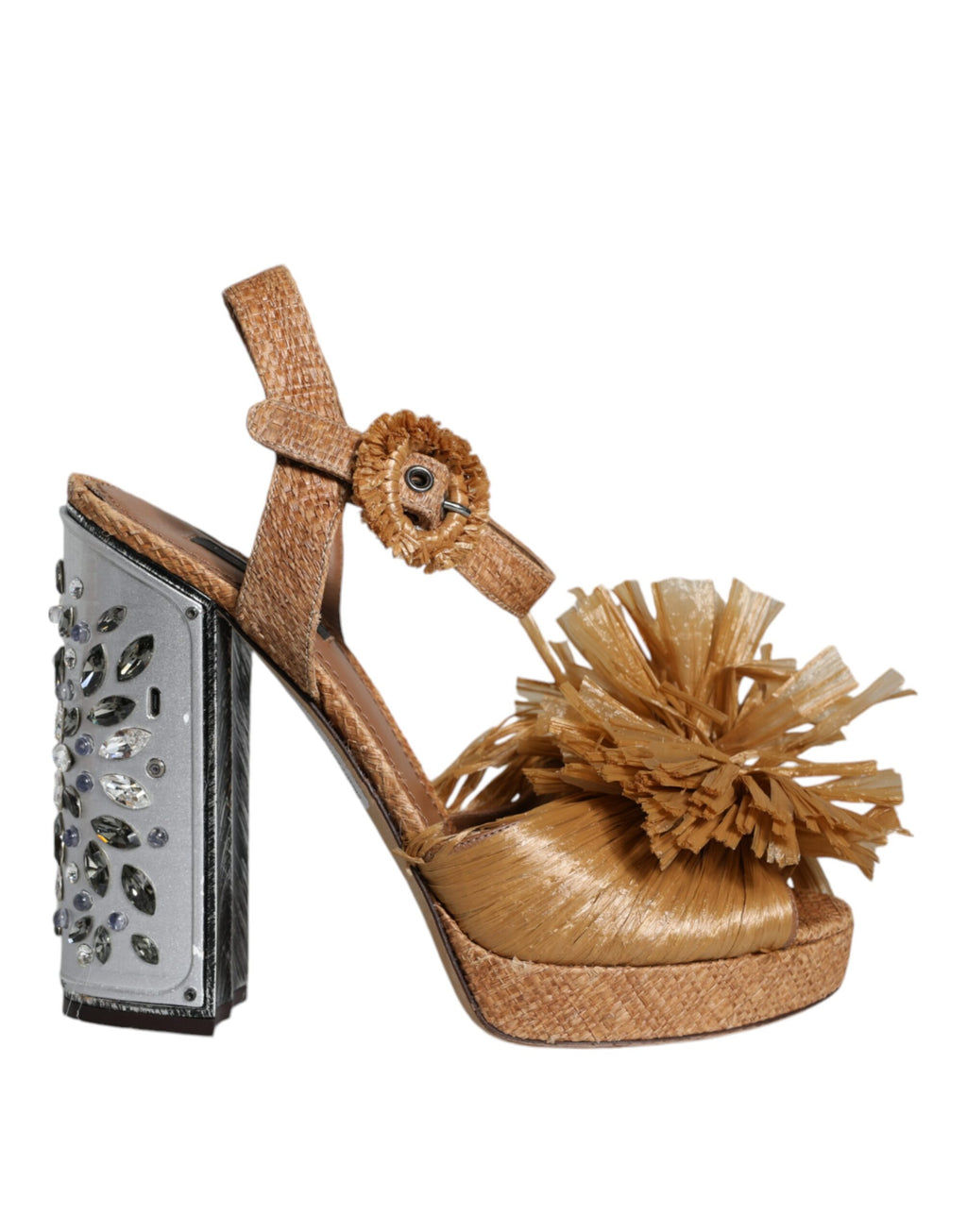Sandales Dolce & Gabbana en raffia marron avec bride à la cheville et cristaux, chaussure élégante pour femme.