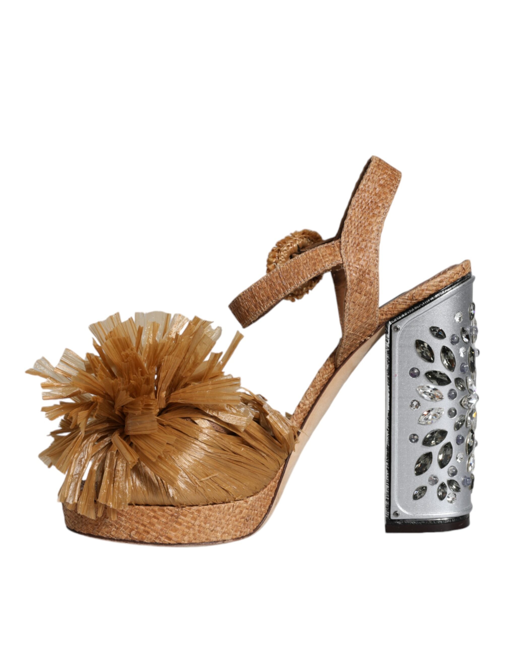 Sandales à talons en raphia marron Dolce & Gabbana avec bride à la cheville et cristaux, élégantes chaussures pour femme.