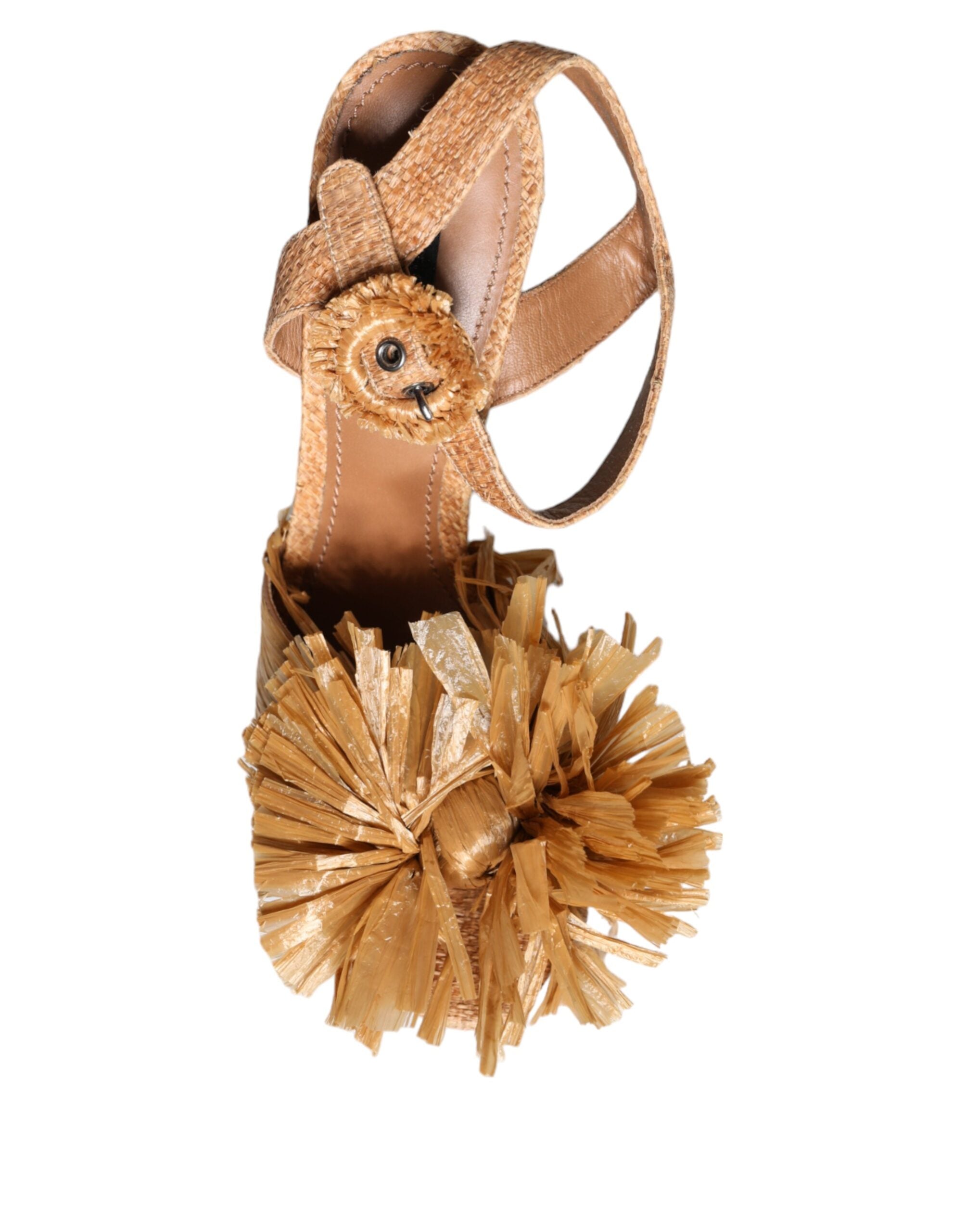Sandales à talon en raphia marron Dolce & Gabbana avec bride à la cheville et détails en cristaux.