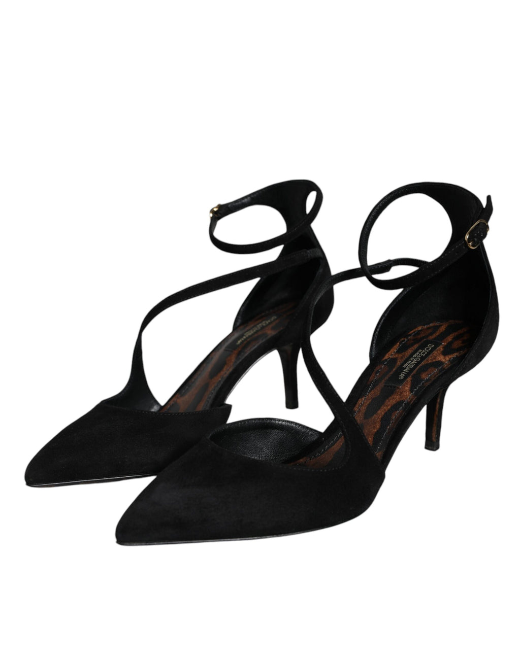 Chaussures à talons Dolce & Gabbana, escarpins noirs en daim avec bride à la cheville, style élégant et sophistiqué.