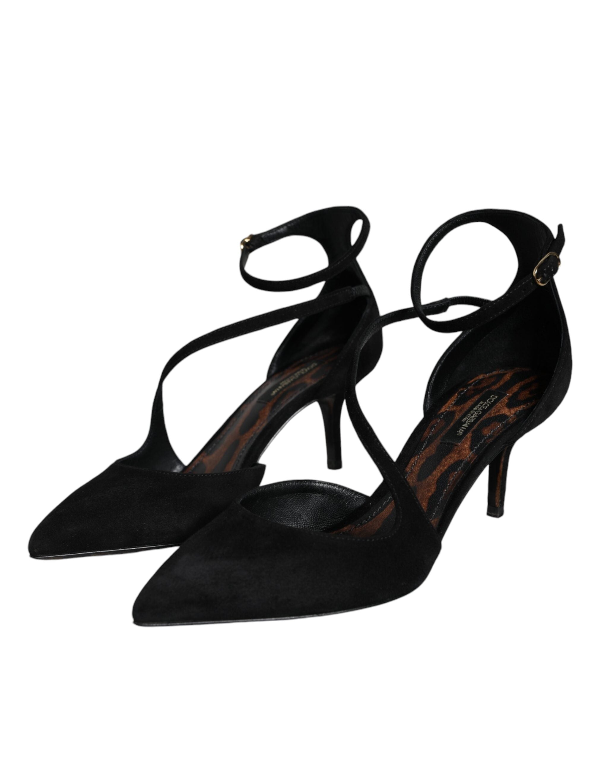 Chaussures à talons Dolce & Gabbana, escarpins noirs en daim avec bride à la cheville, style élégant et sophistiqué.