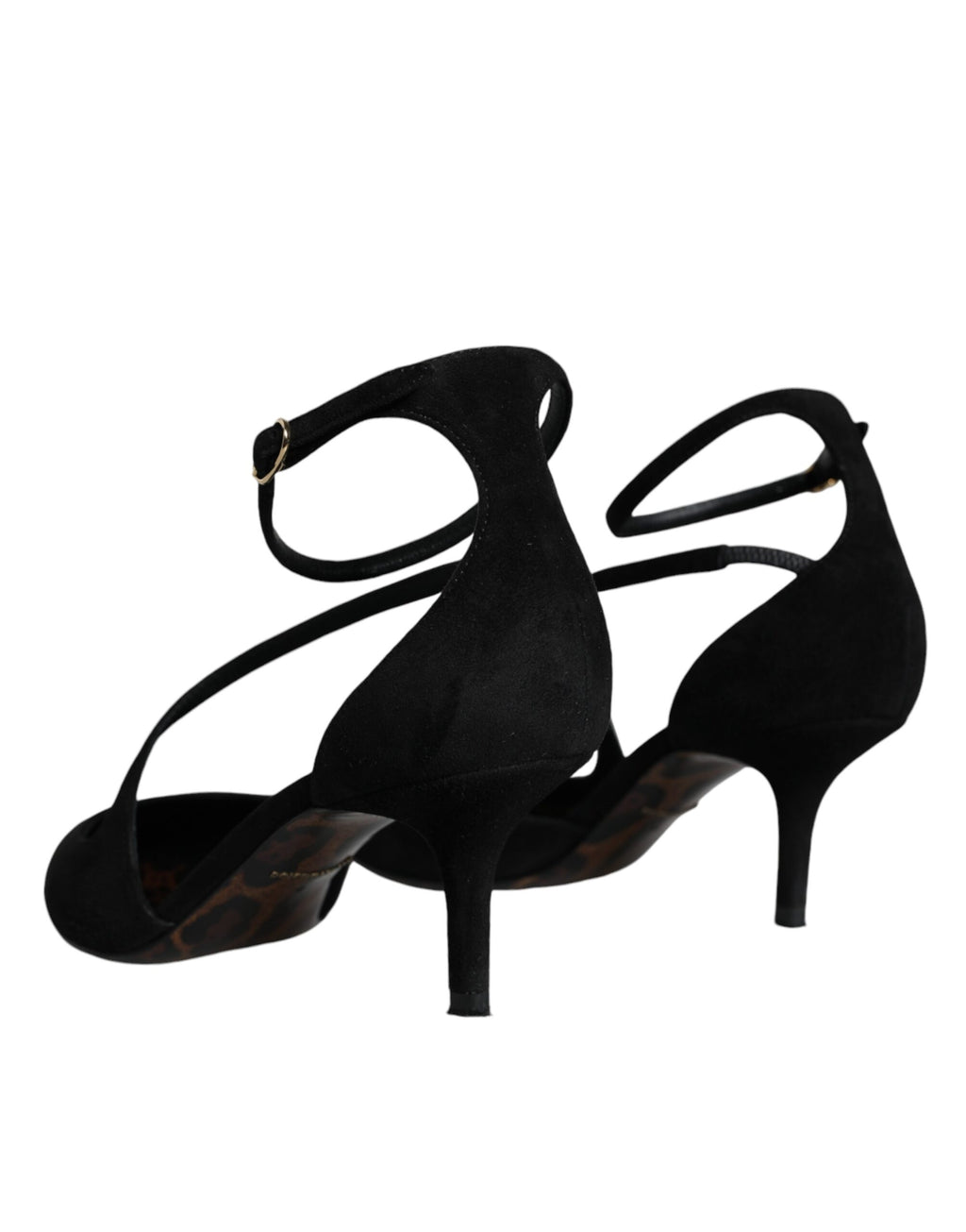 Chaussures Dolce & Gabbana en daim noir avec bride à la cheville et talons hauts élégants, vue de côté.