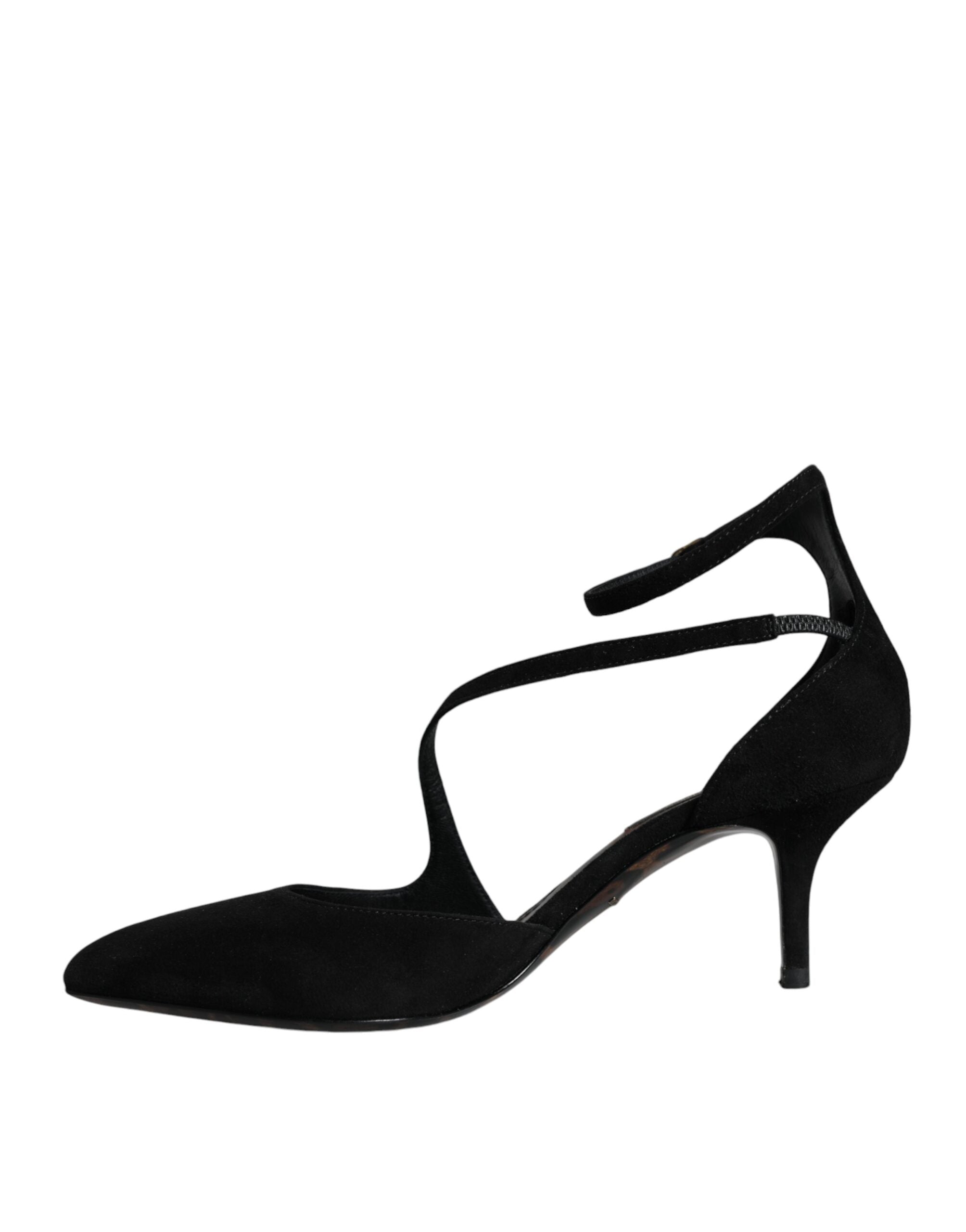 Chaussures à talons Dolce & Gabbana en daim noir avec bride à la cheville, sandales élégantes pour femmes.
