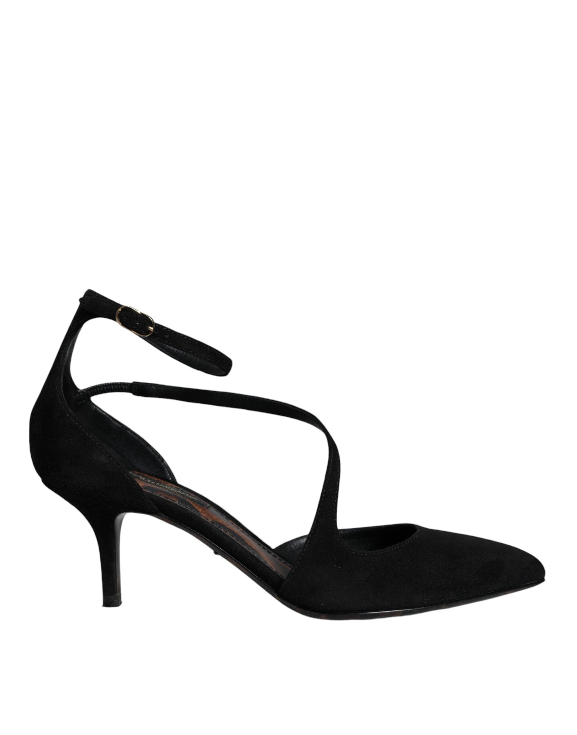Chaussures à talons Dolce & Gabbana en daim noir avec bride à la cheville, chaussures à talons hauts élégantes et sophistiquées.