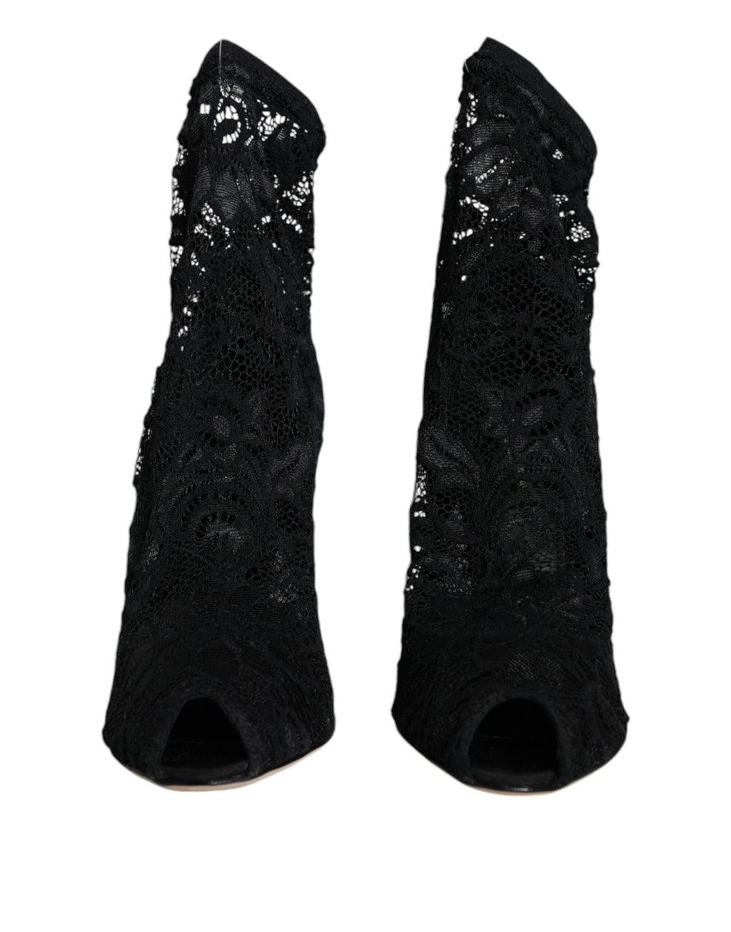Chaussures Dolce & Gabbana talons en dentelle noire, bottines mi-mollet élégantes avec stretch, vue de face.
