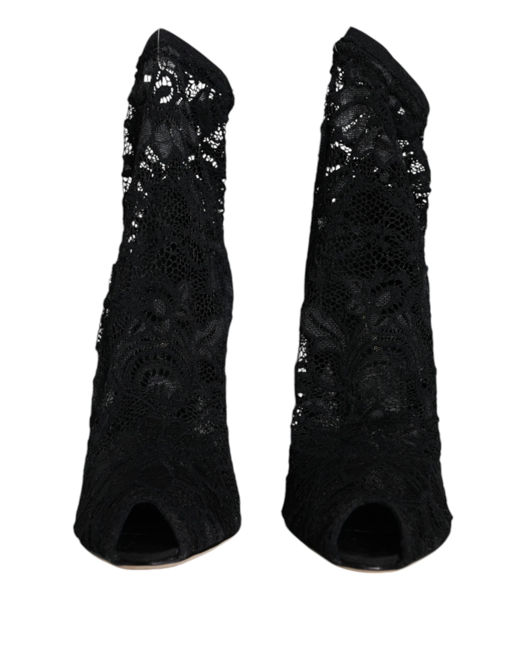 Chaussures Dolce & Gabbana talons en dentelle noire, bottines mi-mollet élégantes avec stretch, vue de face.
