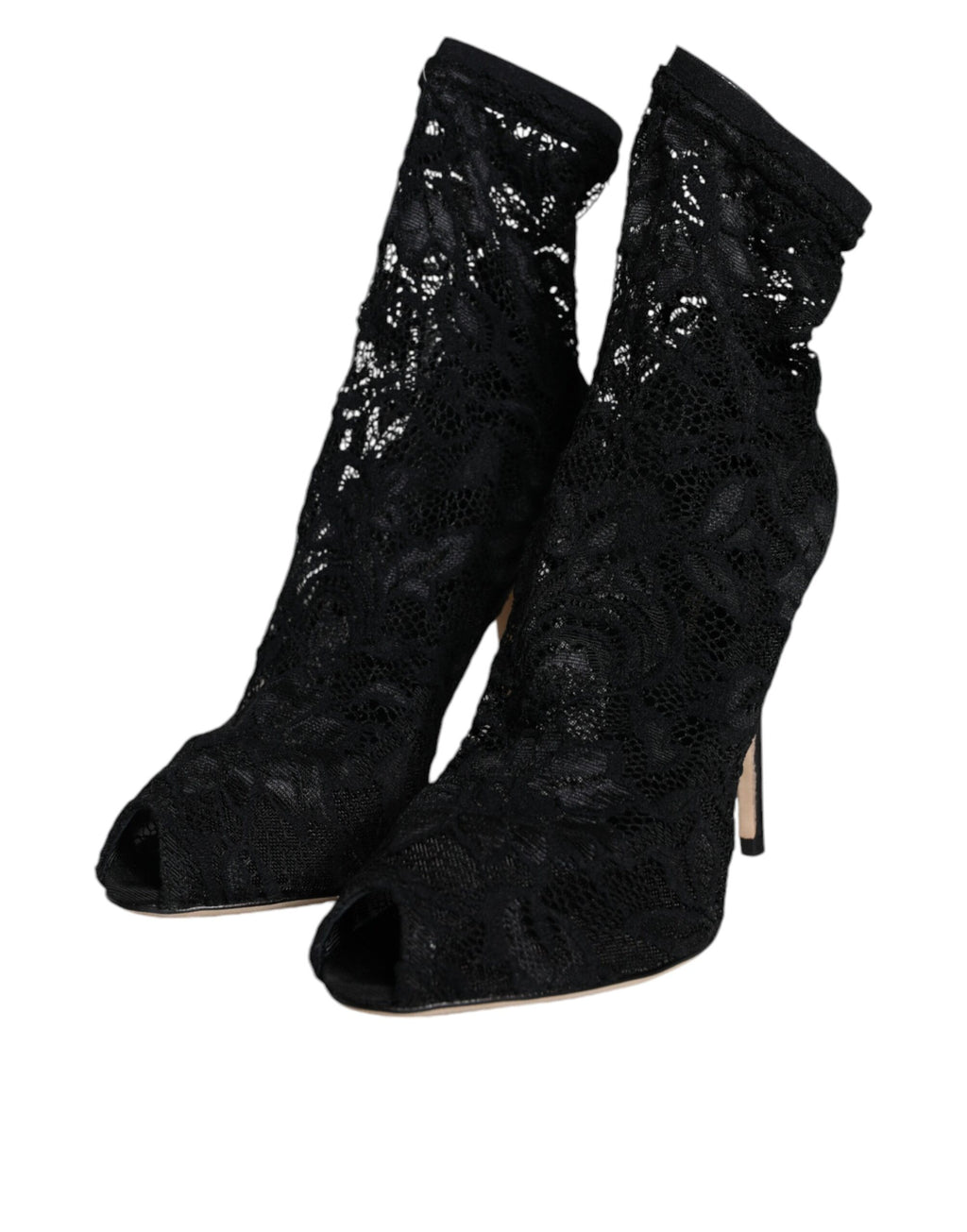 Chaussures Dolce & Gabbana à talons, bottines en dentelle noire extensible et mi-mollet, élégantes et sophistiquées.