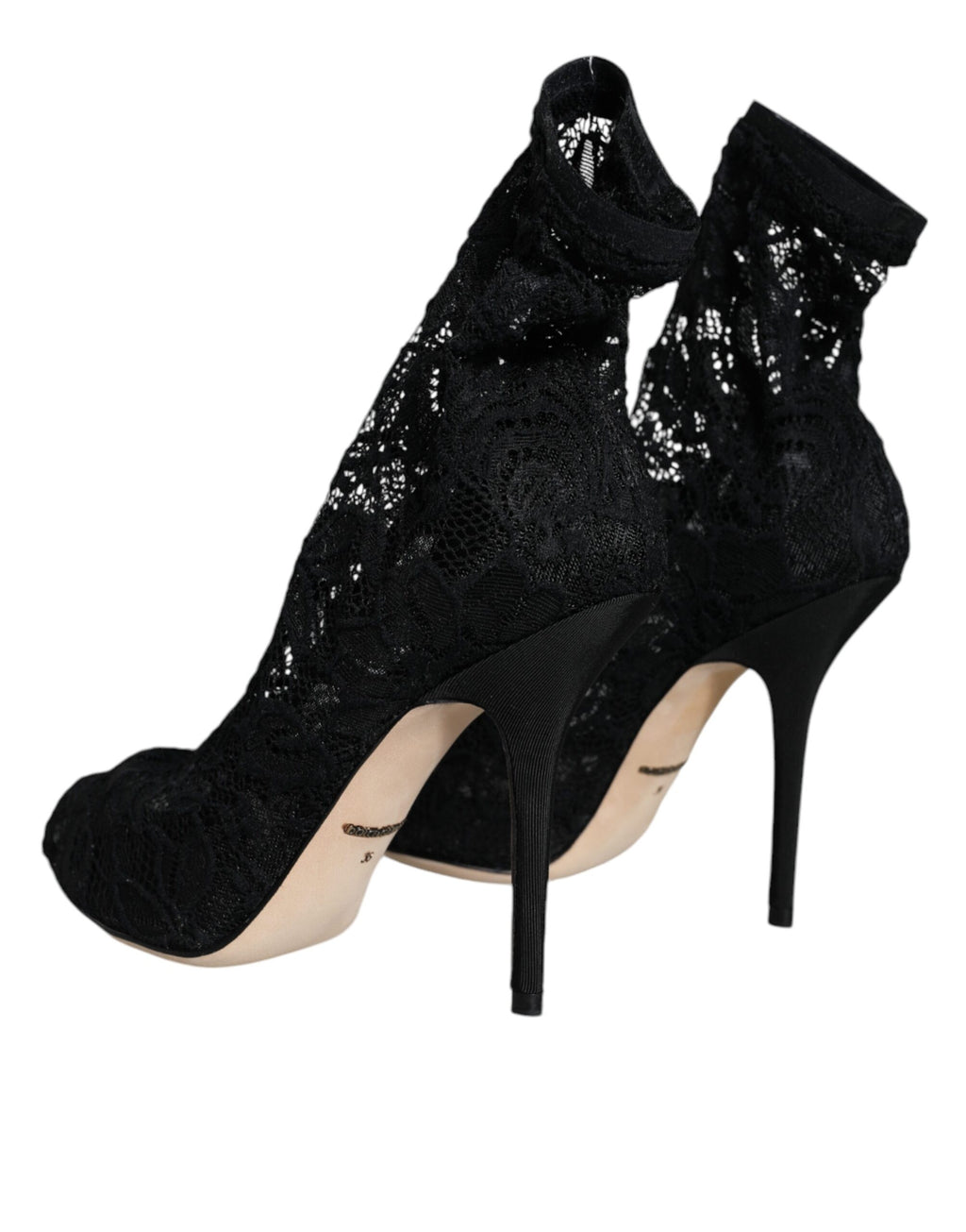 Chaussures Dolce & Gabbana talons en dentelle noire et stretch, bottines mi-mollet élégantes et sophistiquées.