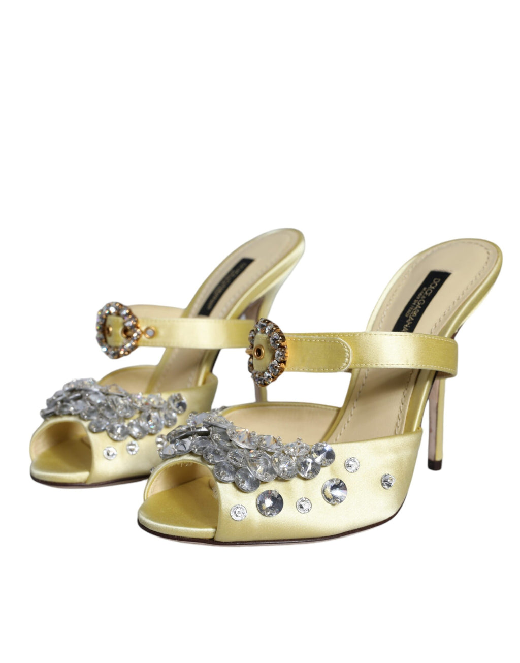 Chaussures à talons Dolce & Gabbana Mary Janes jaunes en satin avec cristaux, vues de côté sur fond blanc.