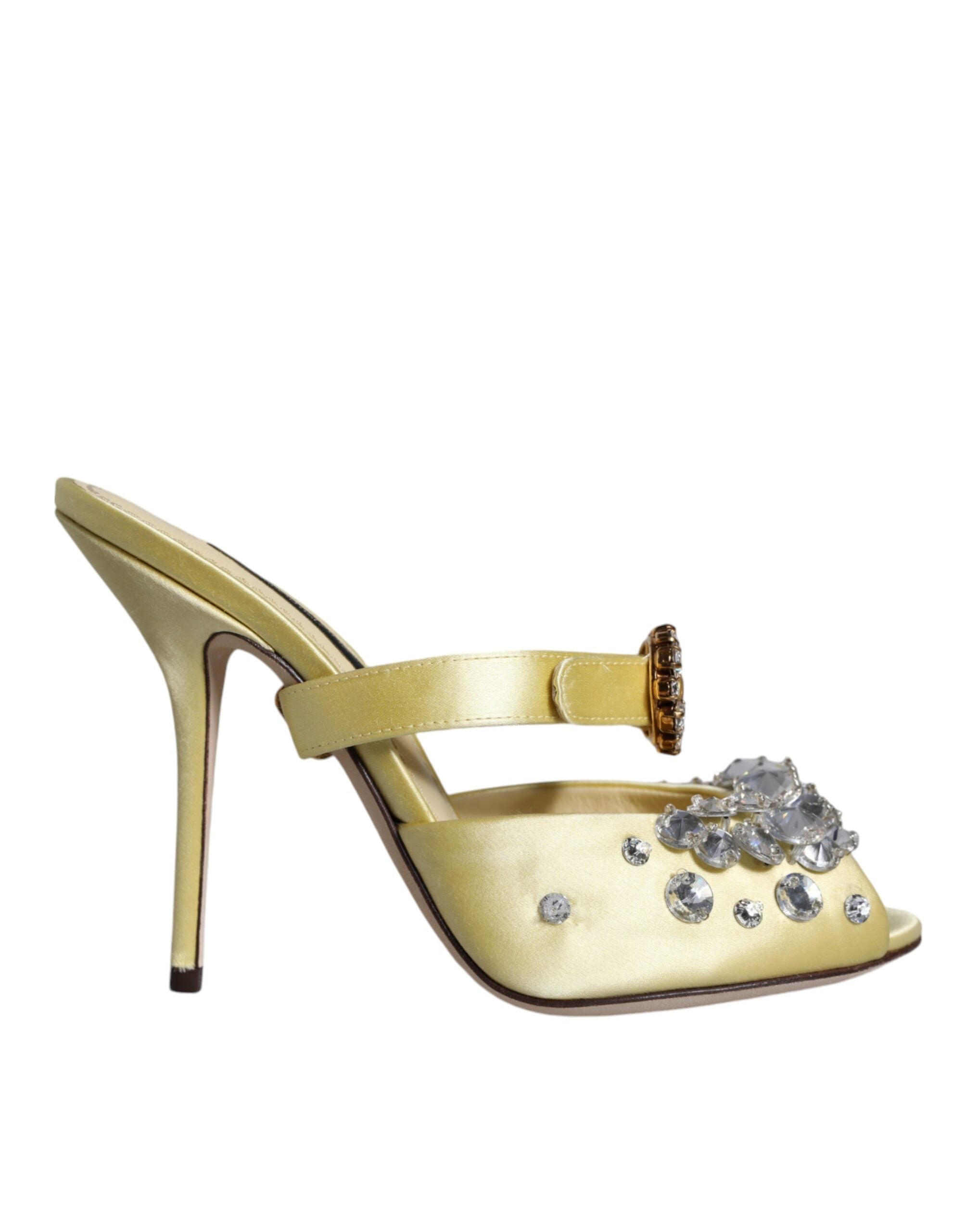 Chaussures Dolce & Gabbana Mary Janes en satin jaune avec cristaux, sandales élégantes pour femmes.