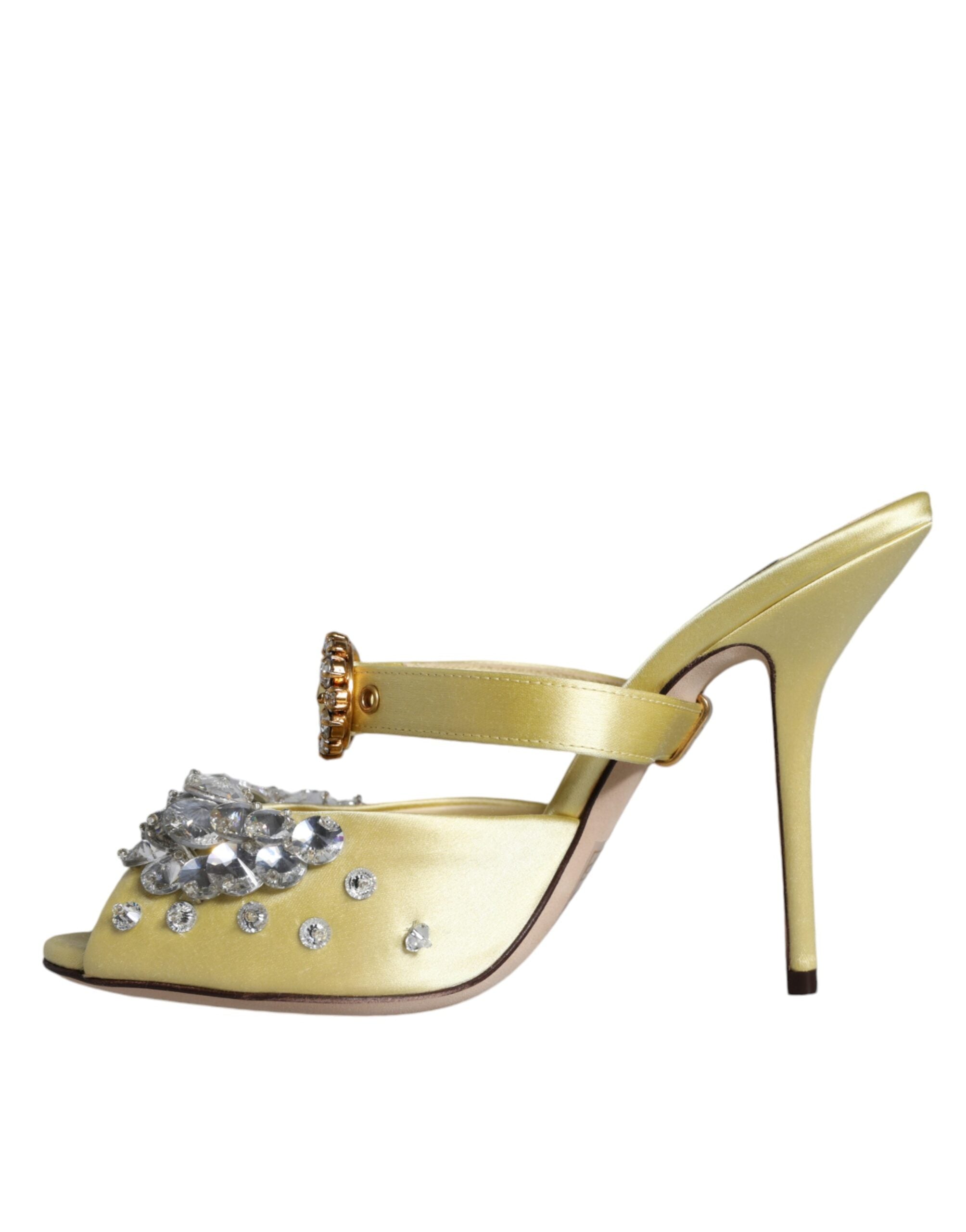 Chaussures Dolce & Gabbana Mary Janes jaunes en satin avec cristaux, sandales élégantes à talons bas.