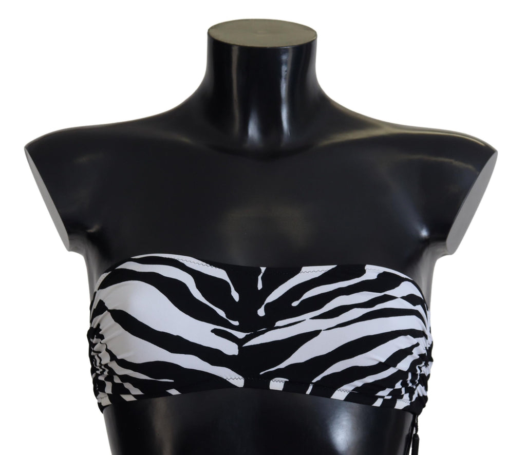 Bikini bandeau Dolce & Gabbana noir et blanc avec motif zèbre, maillot de bain élégant pour femme.