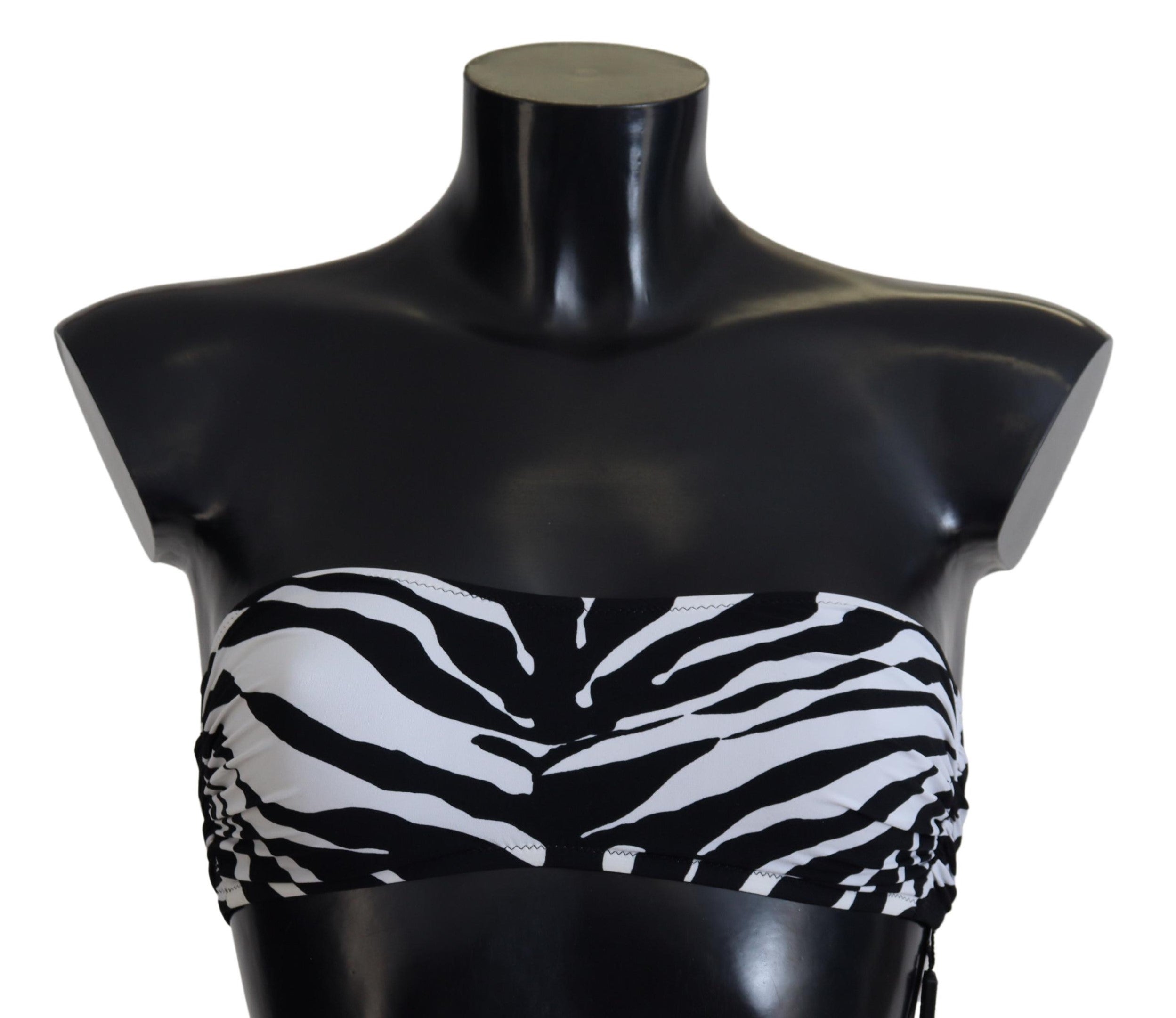 Bikini bandeau Dolce & Gabbana noir et blanc avec motif zèbre, maillot de bain élégant pour femme.