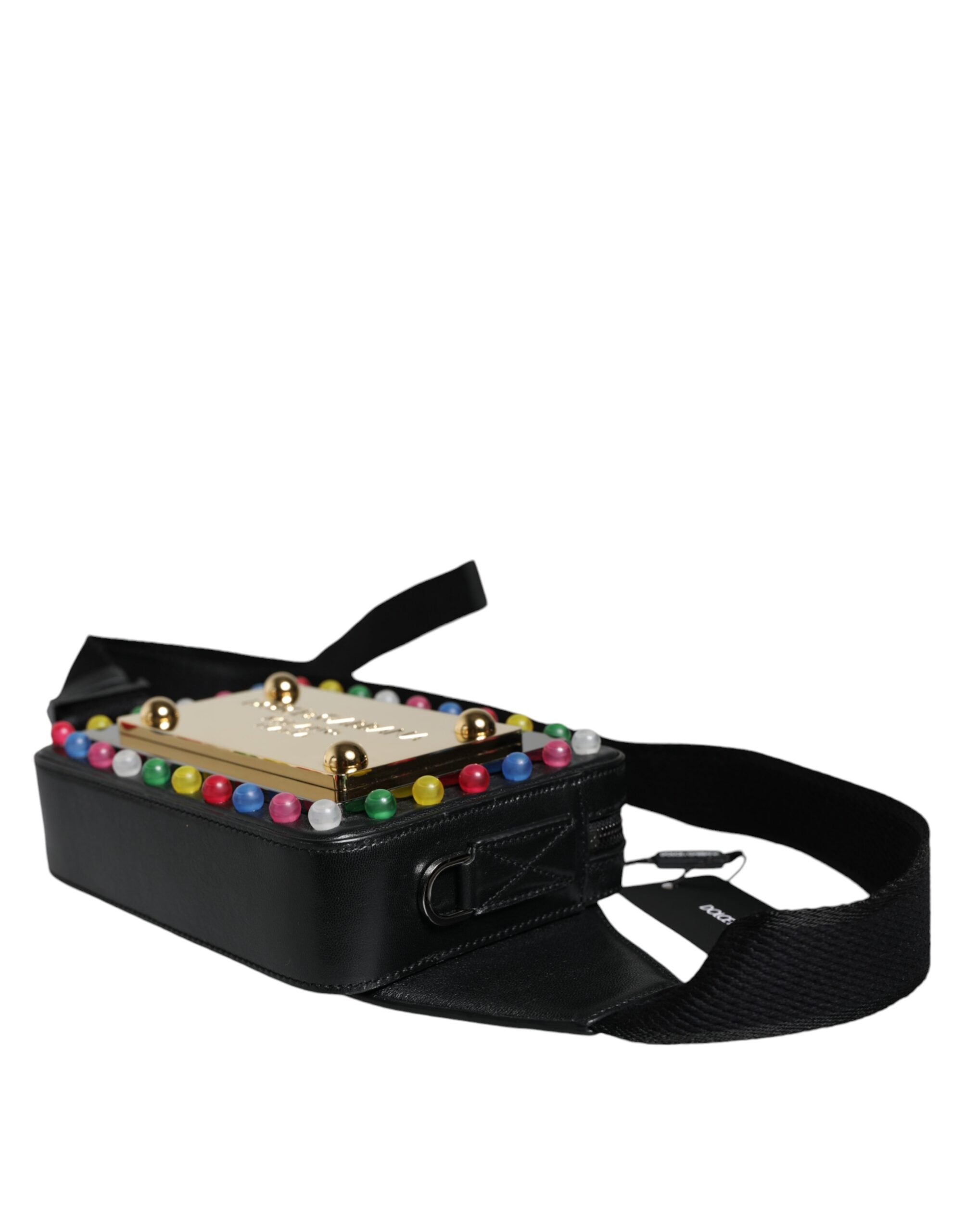 Ceinture en cuir noir Dolce & Gabbana avec logo LED intégrée, sac banane élégante et pratique pour la taille.