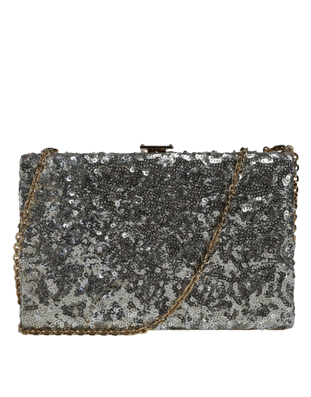 Sac clutch en soirée Dolce & Gabbana argenté avec sequins, petite bandoulière élégante, parfait pour occasions spéciales.