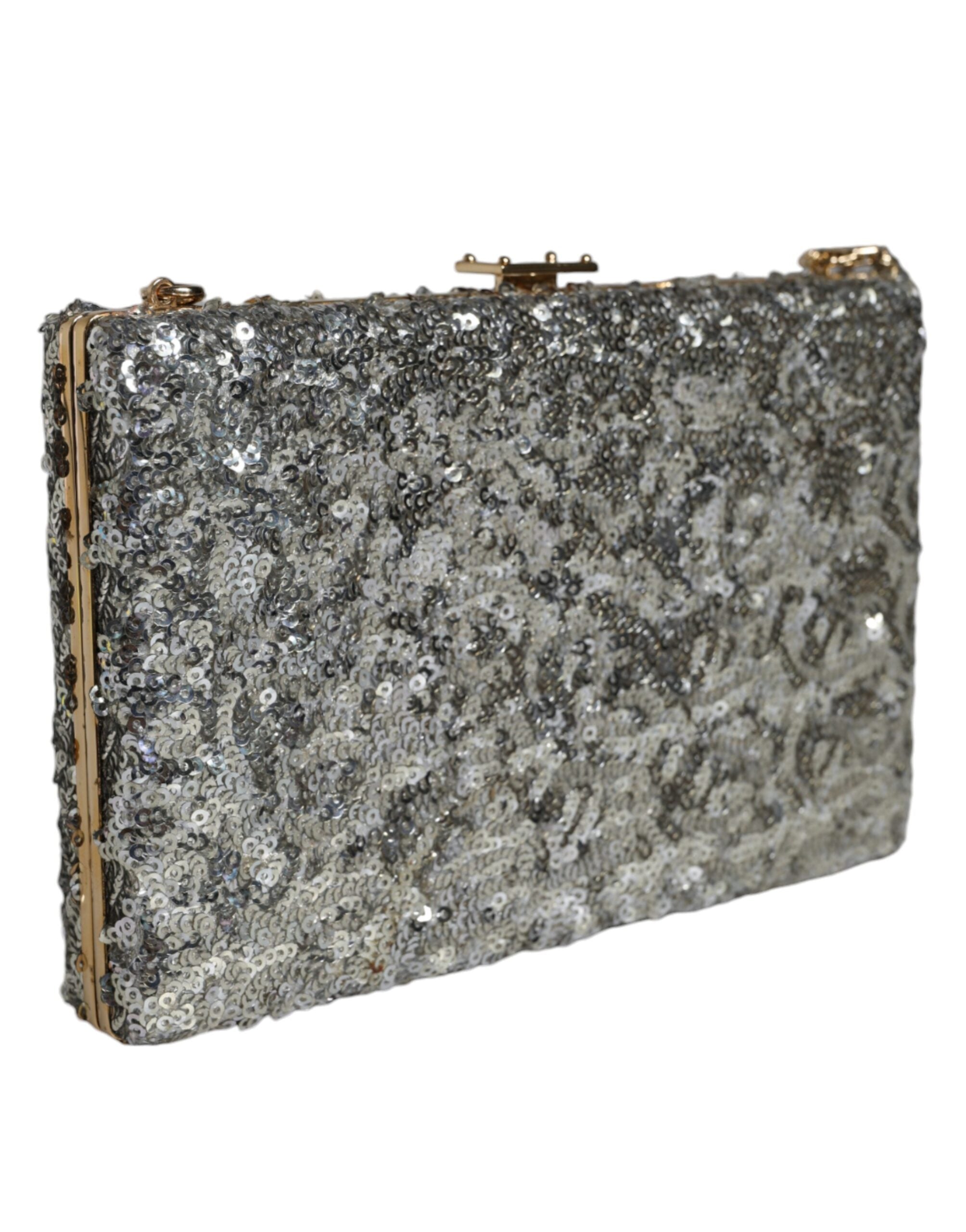 Pochette de soirée en argent avec sequins Dolce & Gabbana, sac bandoulière élégant et brillant pour occasion spéciale.
