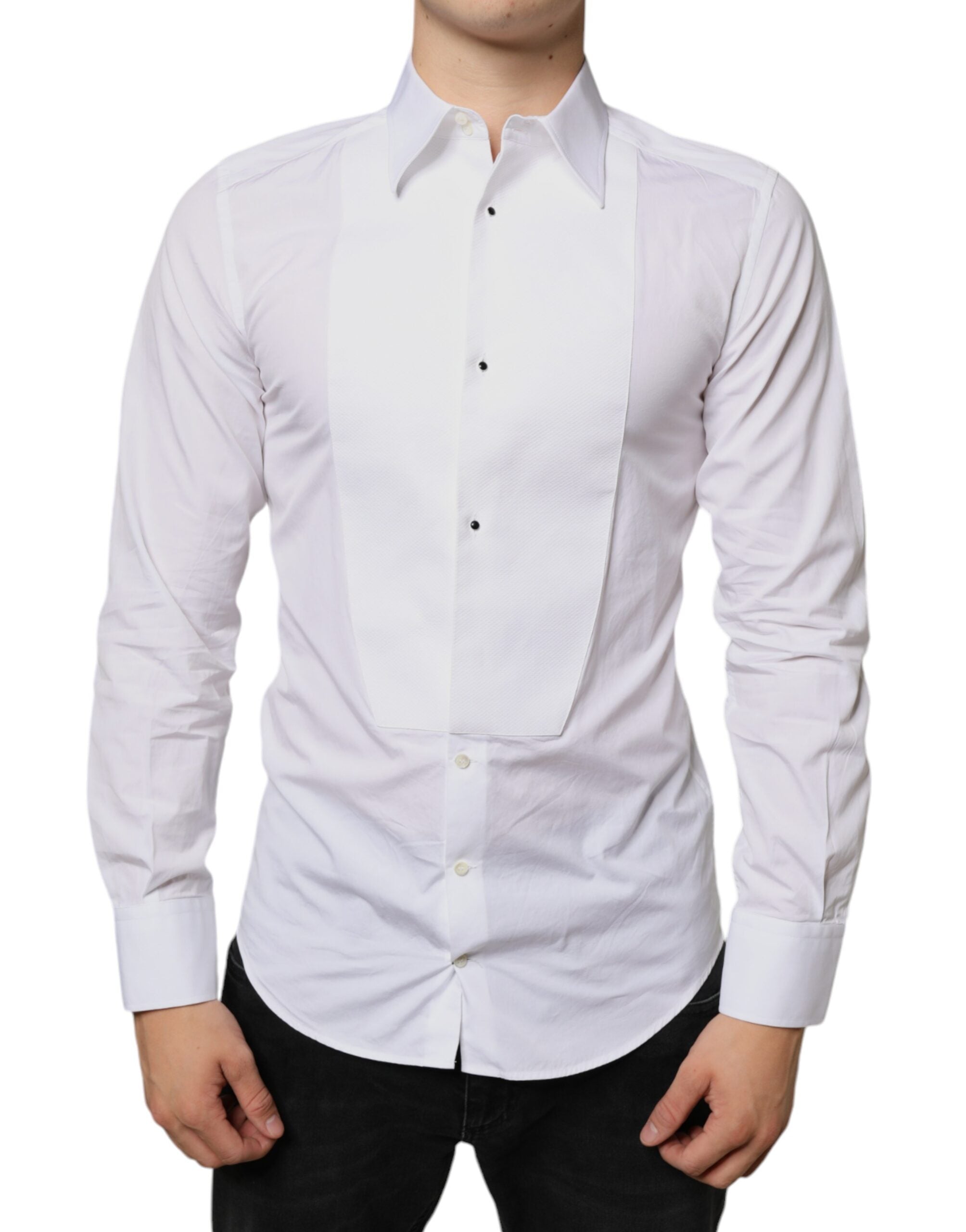Chemise blanche en coton popeline formelle Dolce & Gabbana avec col classique et boutons visibles.