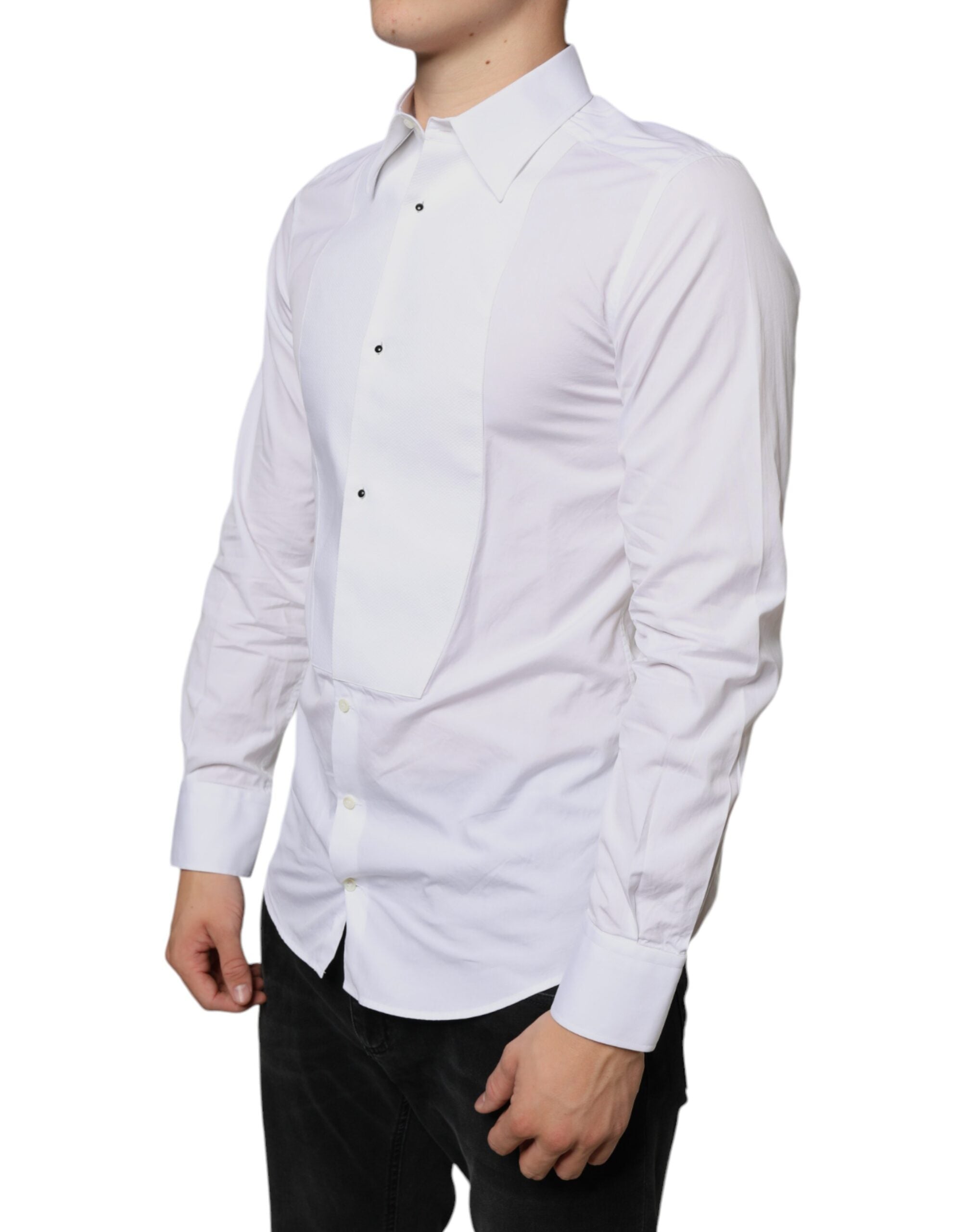 Chemise formelle blanche en coton popeline de Dolce & Gabbana, avec col classique et manches longues, pour homme.