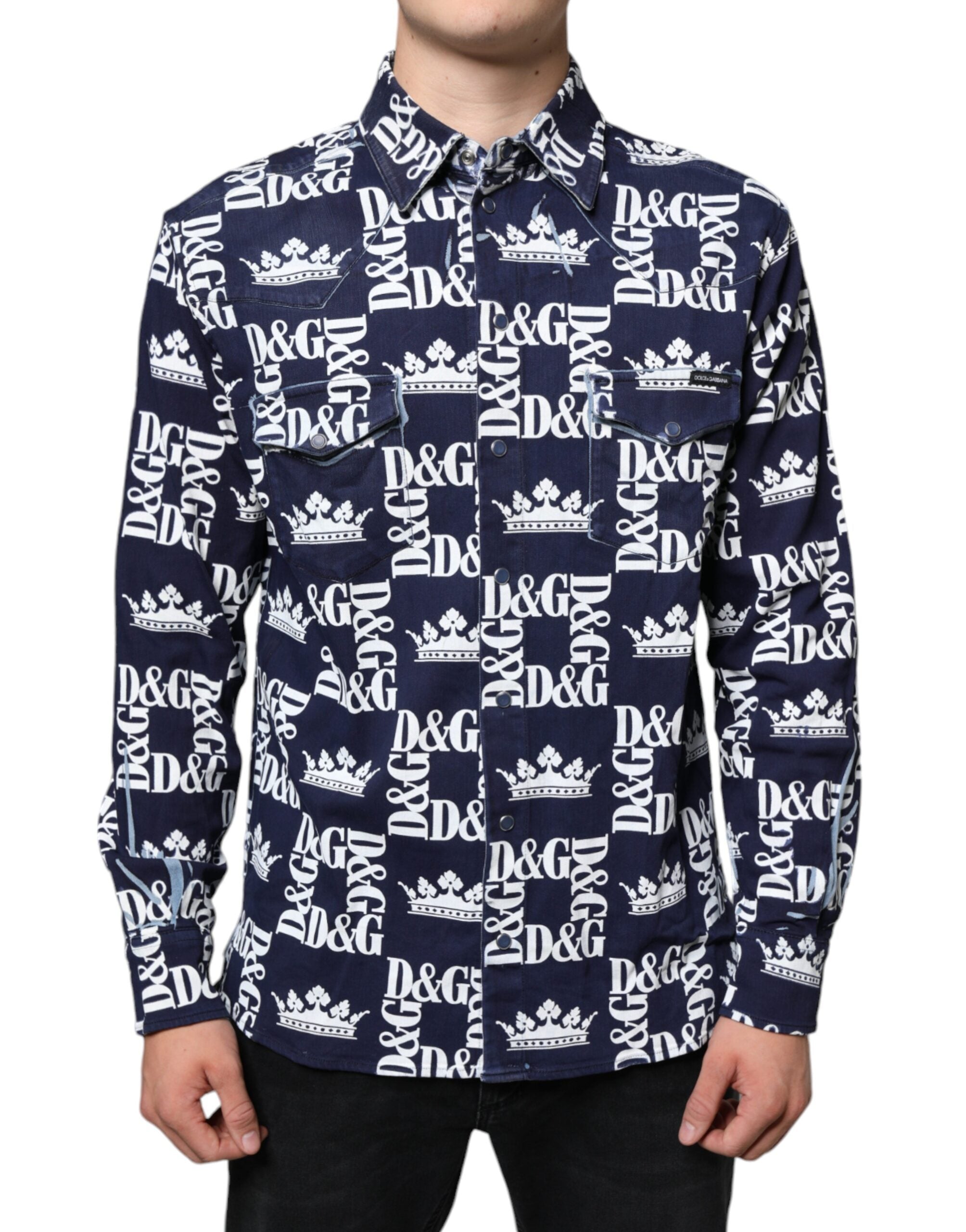 Chemise slim en coton Dolce & Gabbana avec imprimé logo couronne bleue et logo Dolce & Gabbana visible.