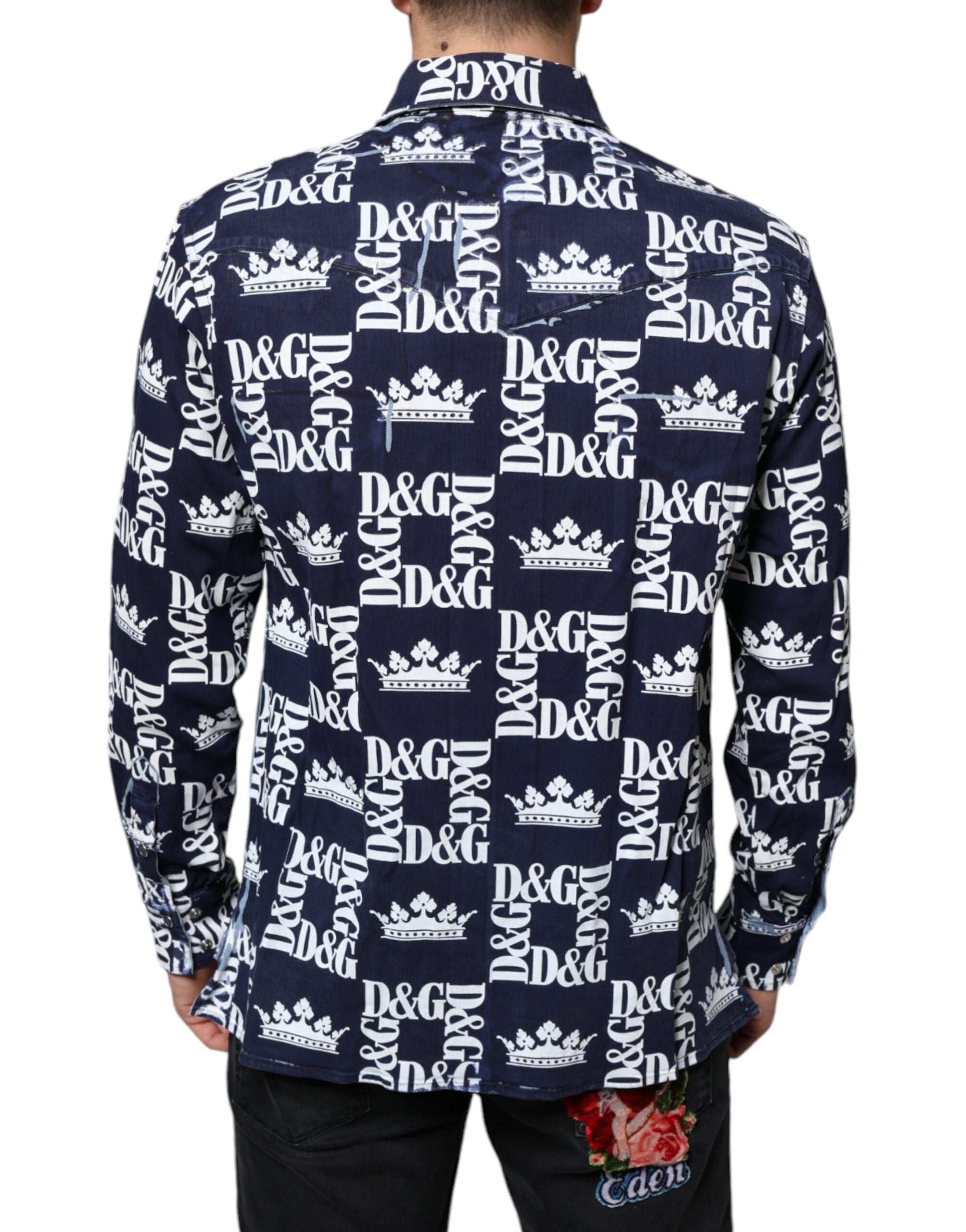 Chemise slim en coton Dolce & Gabbana avec logo couronne bleue et motif imprimé, ajustée et élégante.