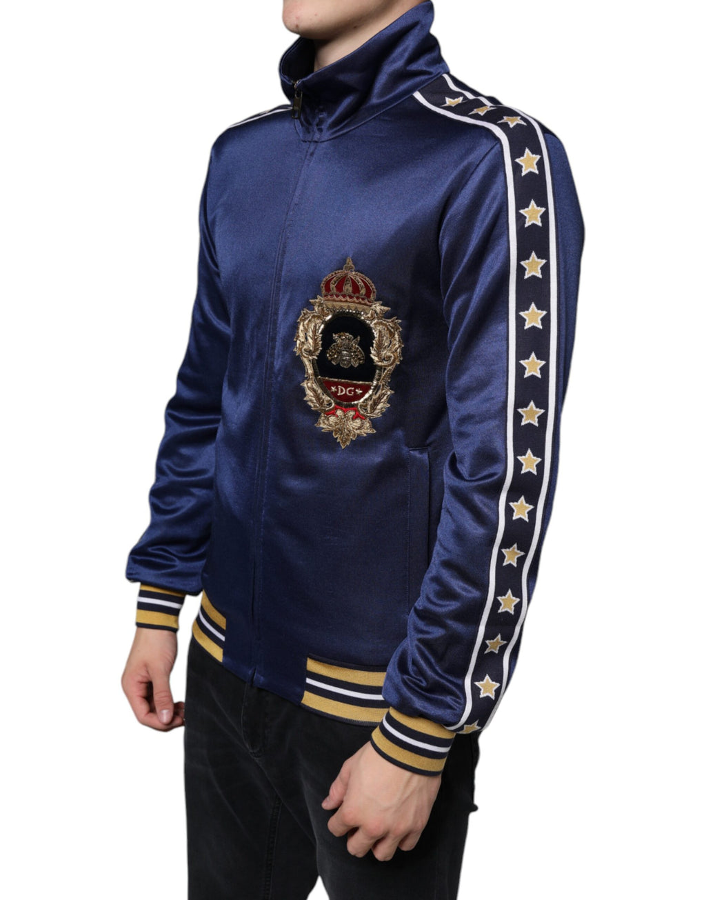 Pull Dolce & Gabbana bleu avec patch héraldique, rayures et motif d'abeille king bee, en laine.