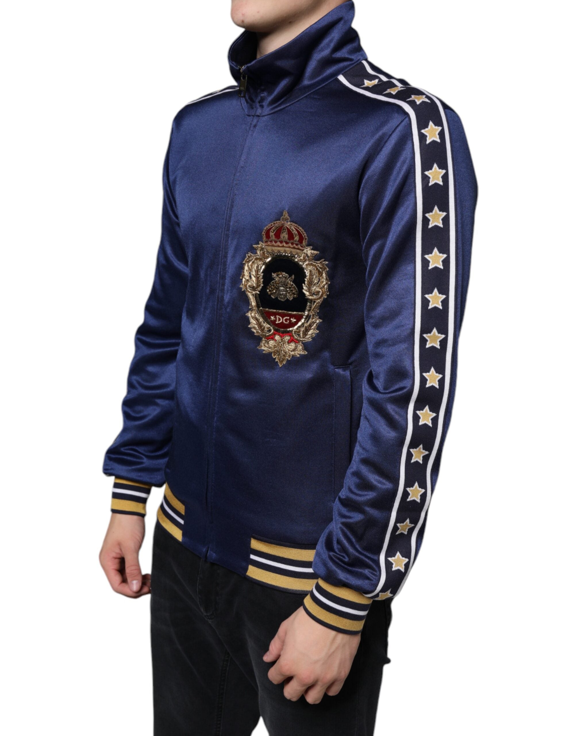 Pull Dolce & Gabbana bleu avec patch héraldique, rayures et motif d'abeille king bee, en laine.