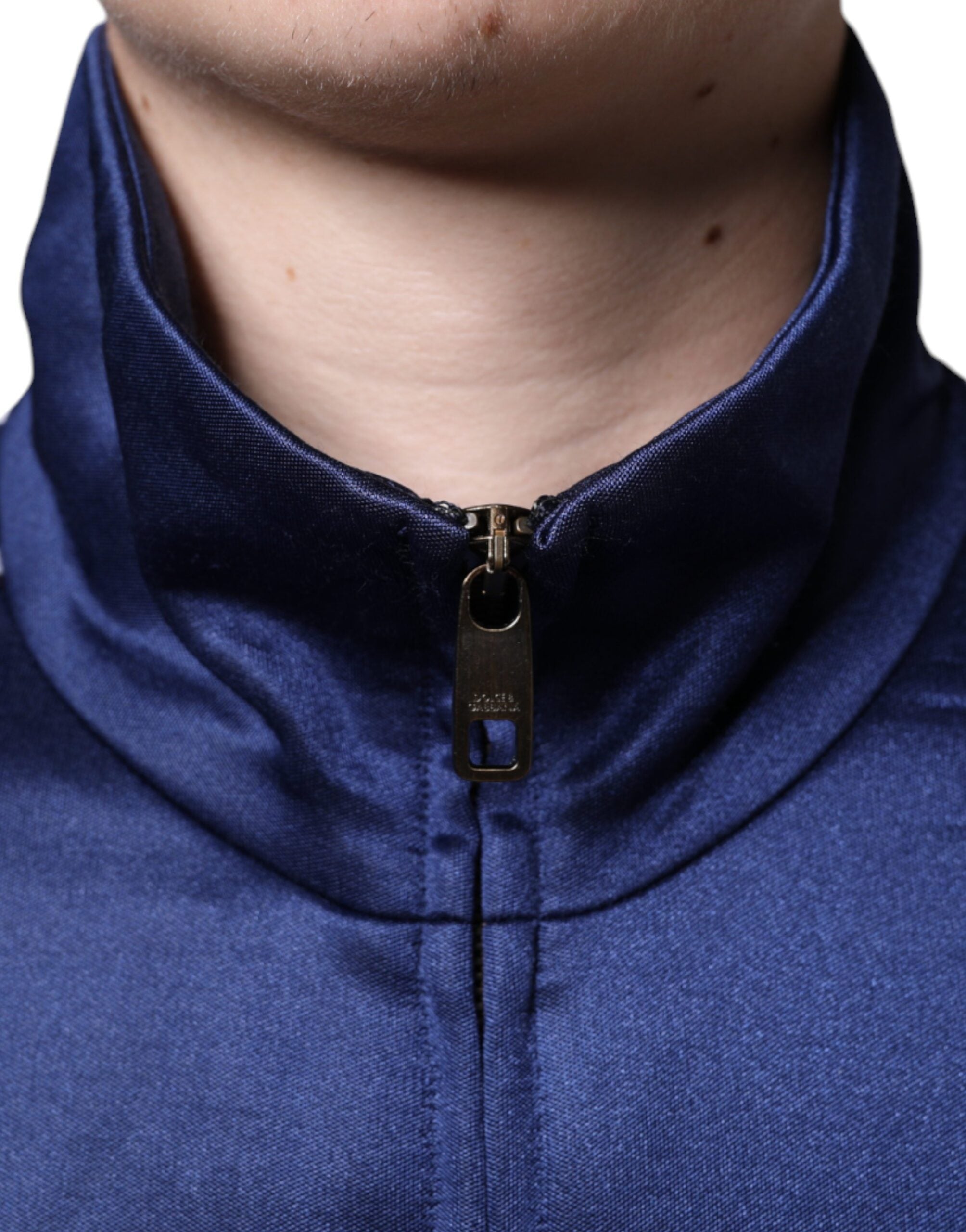 Pull Dolce & Gabbana bleu avec écusson héraldiques, rayures et motif d'abeille royale, en laine ou tissu élégant.