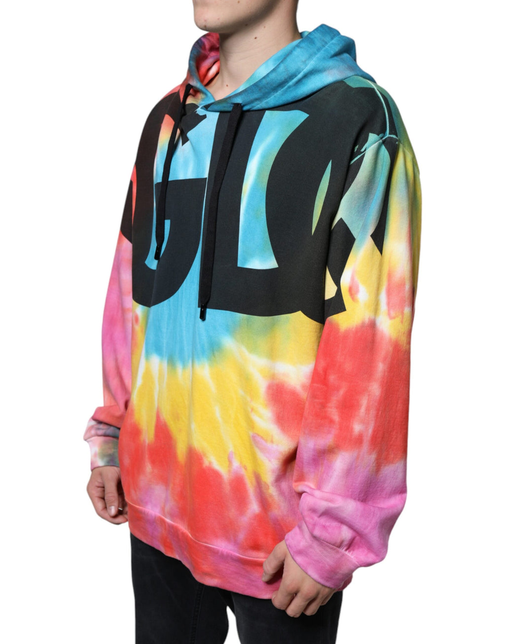 Sweat à capuche multicolore Dolce & Gabbana en tie-dye, doux et décontracté avec logo sur la poitrine.