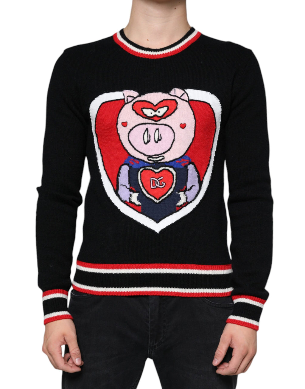 Pull en cachemire noir Dolce & Gabbana Pig of the Year avec logo et motif de cochon, élégant et confortable.