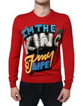 Sweatshirt en laine rouge Dolce & Gabbana "I'm The King" avec col rond, vue de face.