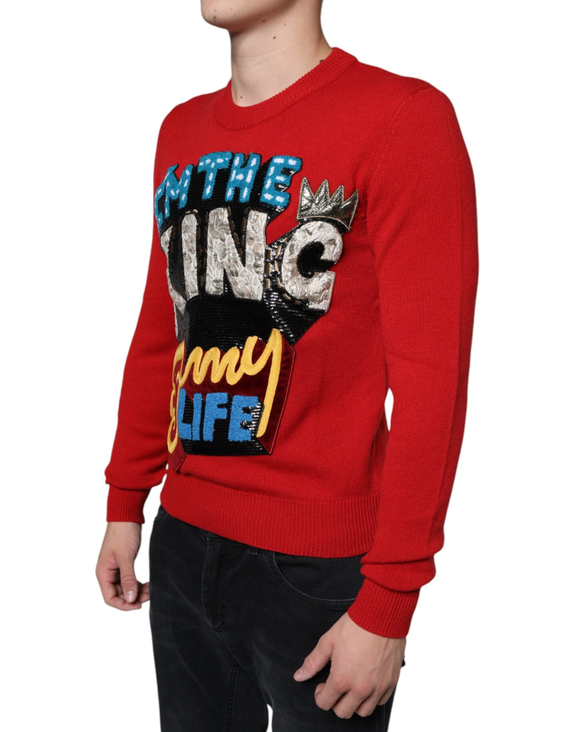 Sweat-shirt en laine rouge Dolce & Gabbana "I'm The King" à col rond, style décontracté et élégant.