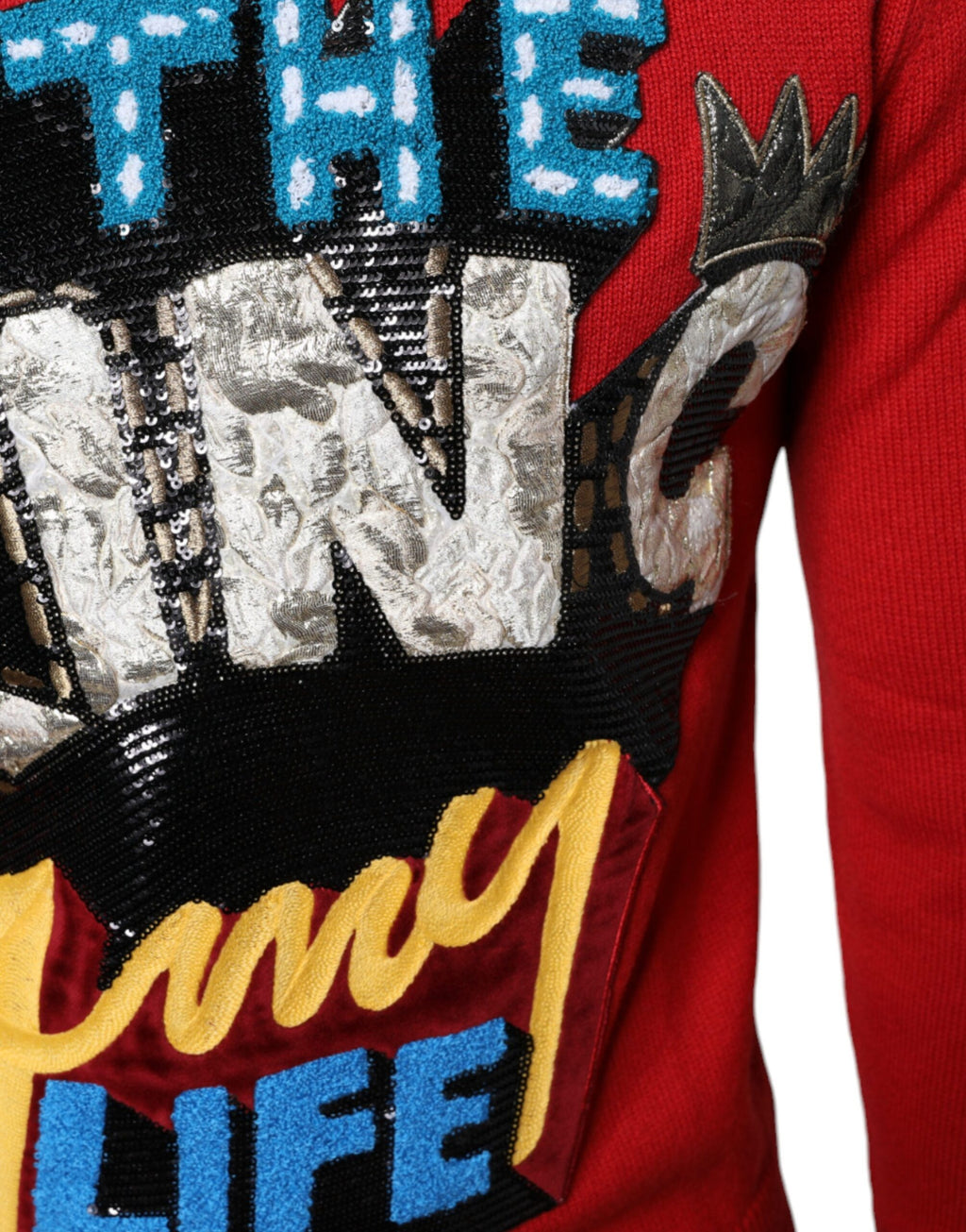 Sweatshirt en laine rouge Dolce & Gabbana "I'm The King" avec col rond, vue de face.