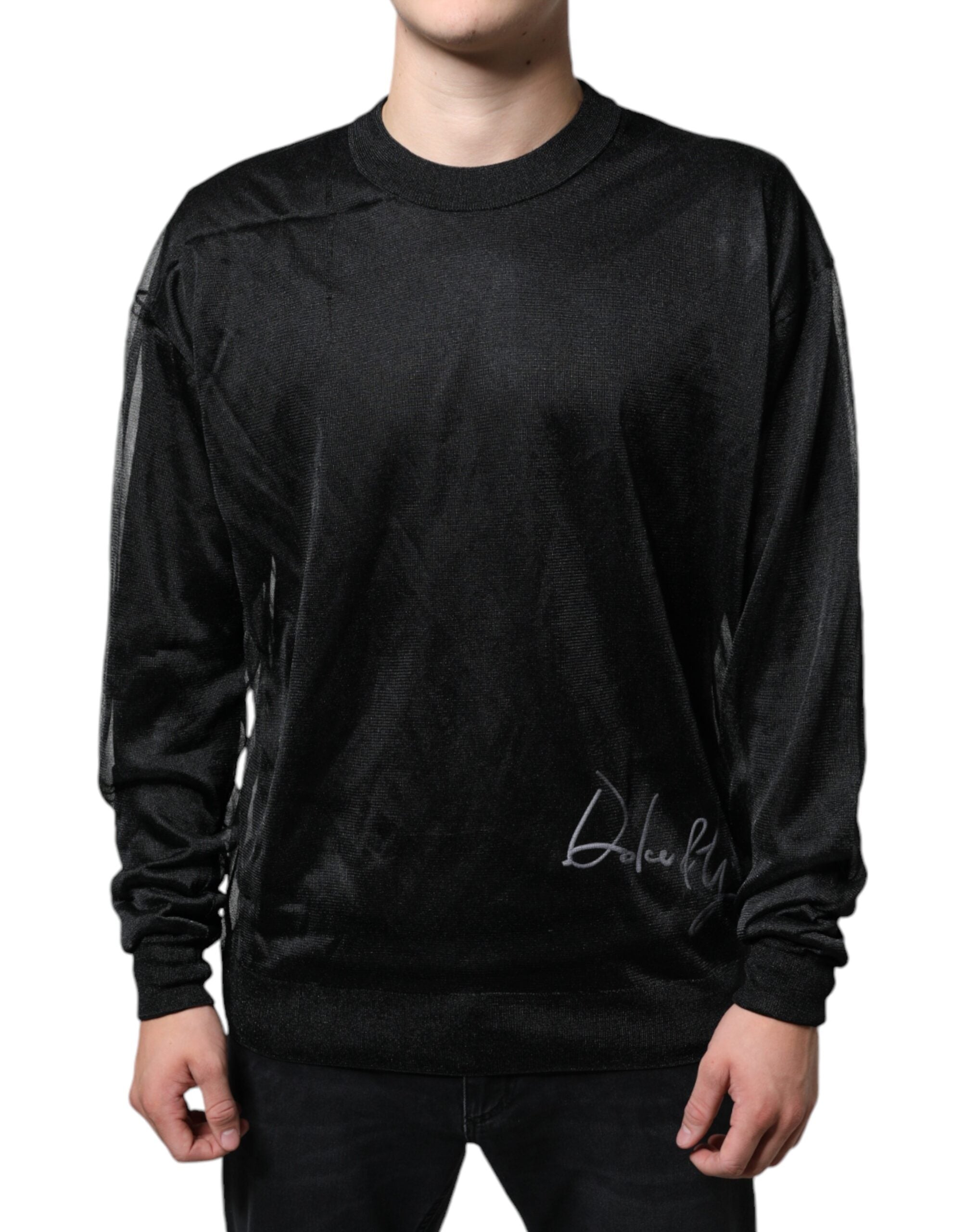 Sweat-shirt Dolce & Gabbana en polyester noir, pullover décontracté avec col rond et logo discret, vue de face.
